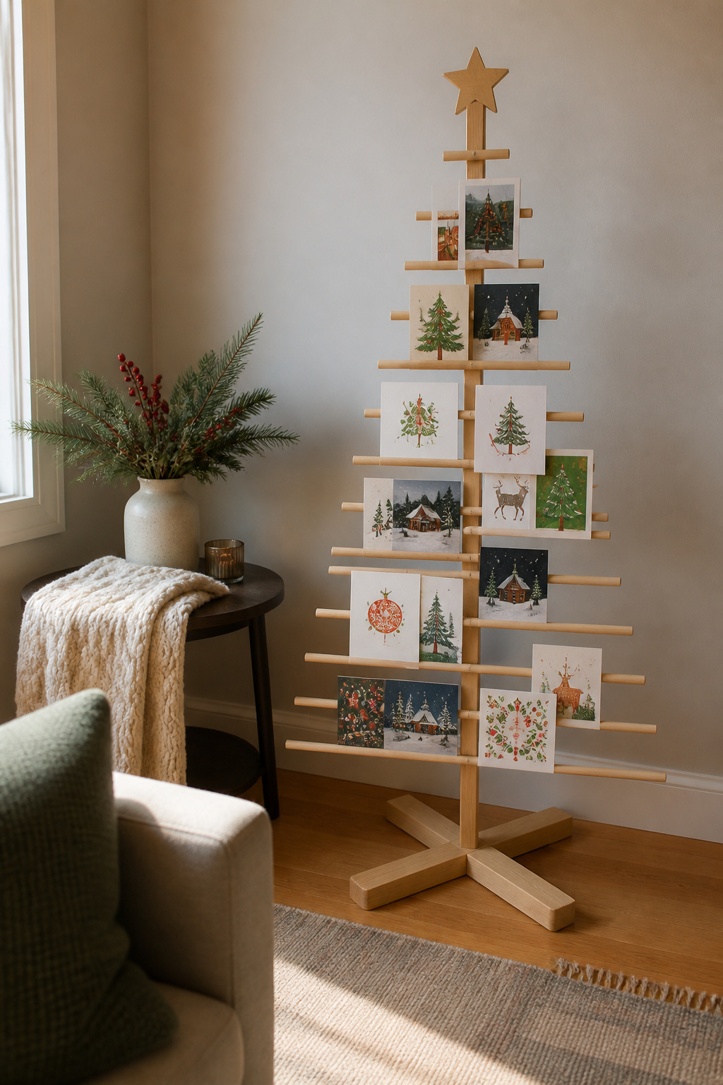 Freestanding wooden card holder for displaying Christmas cards.