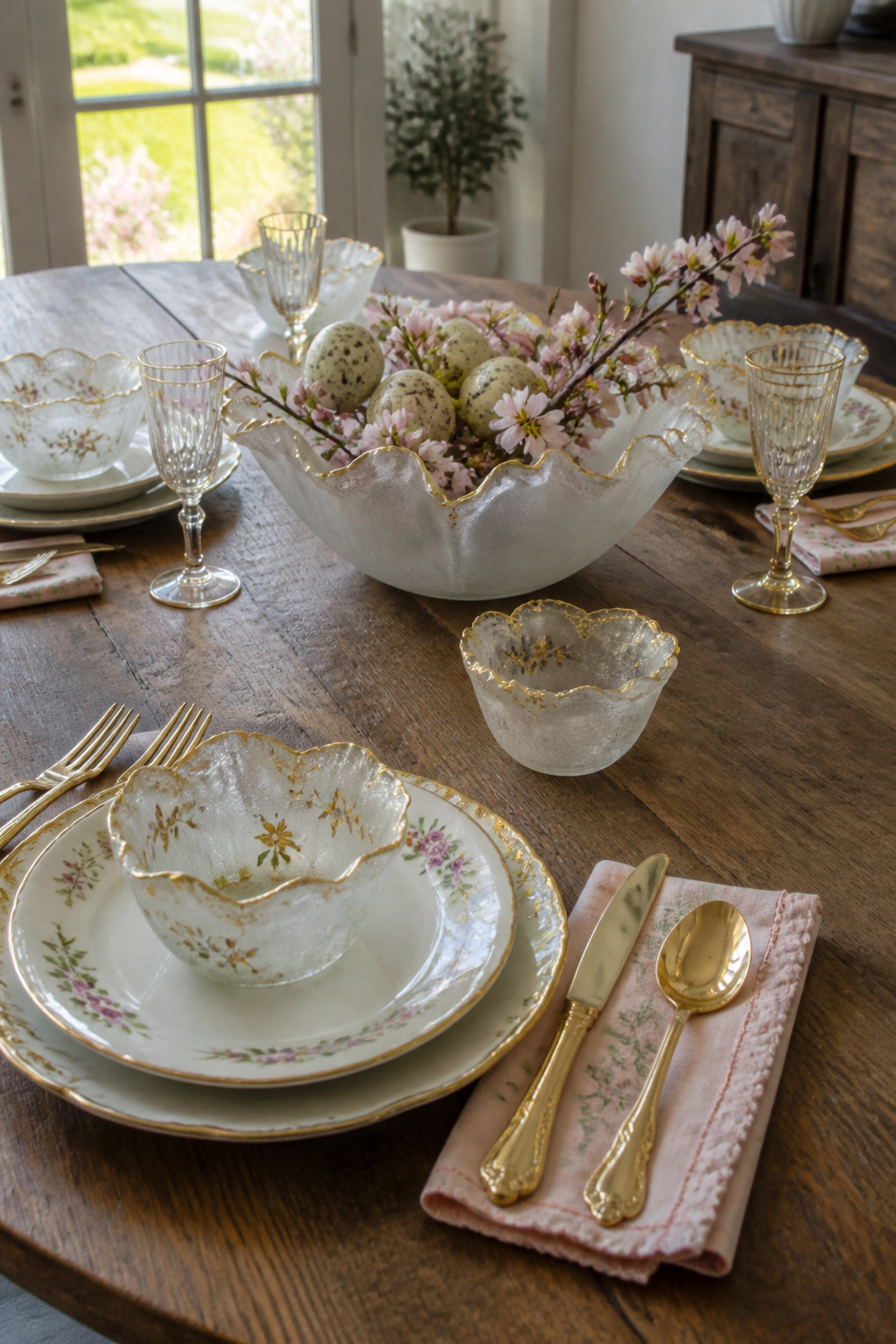 25 Easter Table Settings for 2026 Spring Gatherings 1 Frosted glass poppy bowls with gold accents filled with eggs and flowers.
