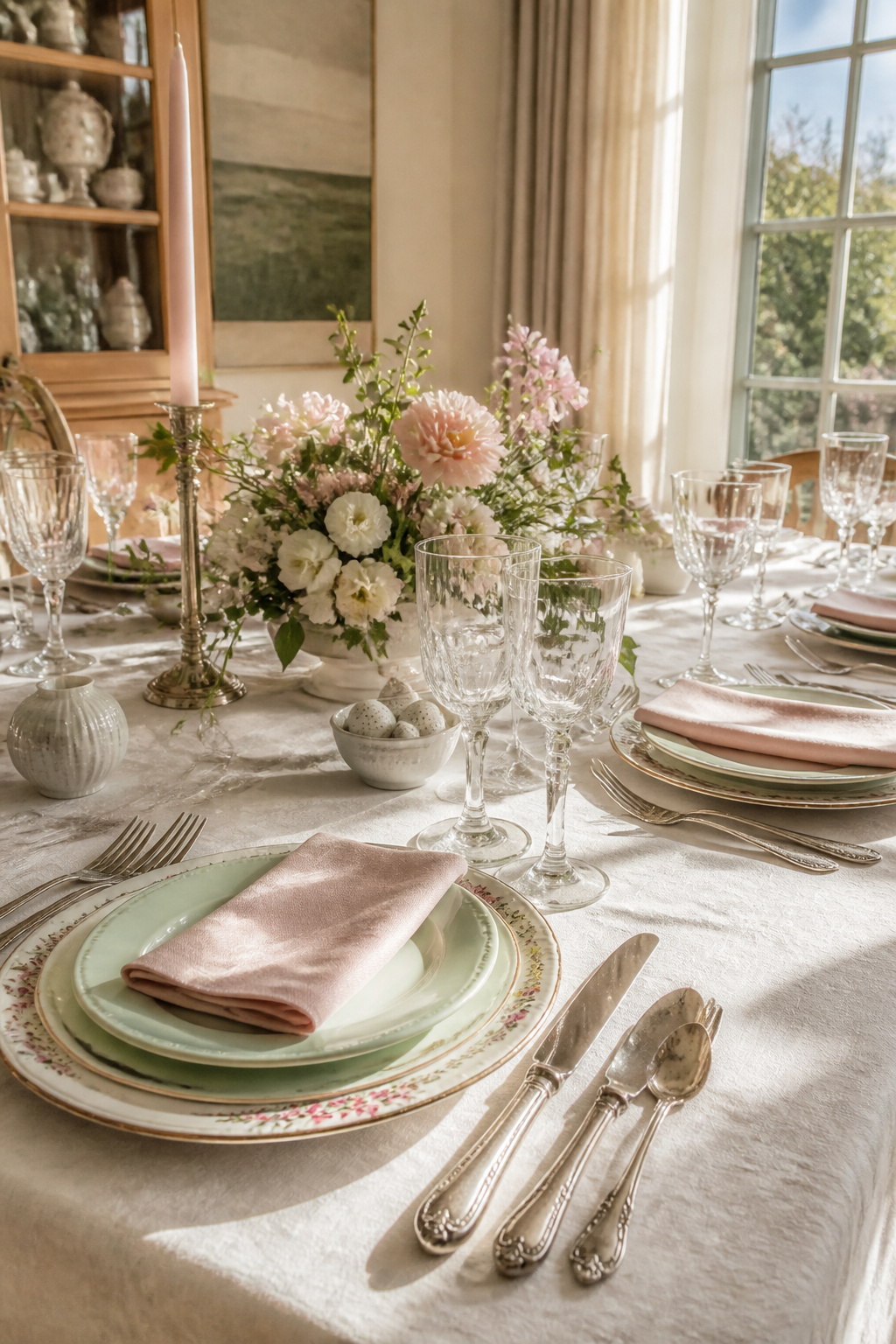25 Easter Table Settings for 2026 Spring Gatherings 10 Antique silver flatware neatly arranged next to pastel plates.