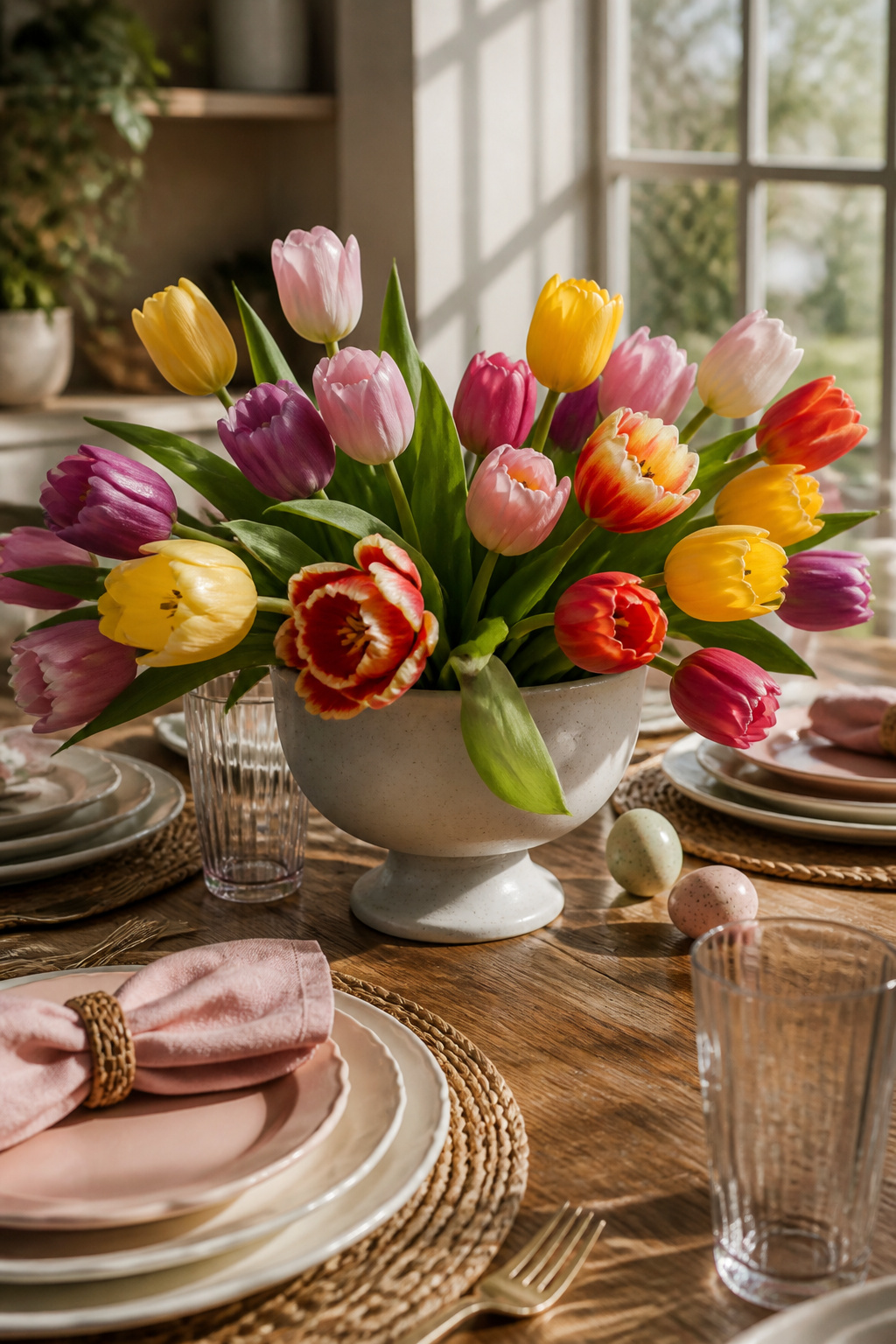25 Easter Table Settings for 2026 Spring Gatherings 11 Footed bowl filled with tulips displayed on the table.