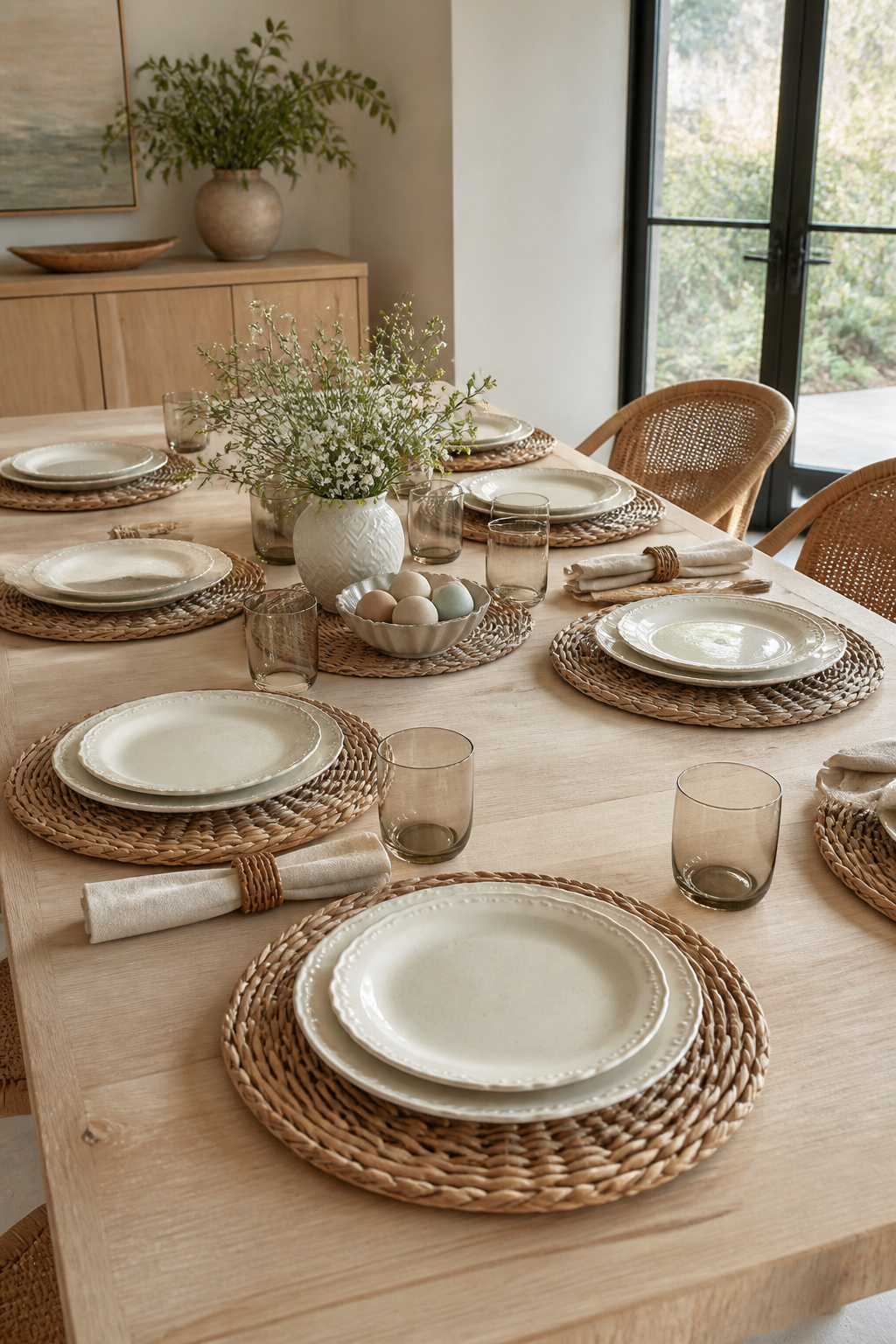 25 Easter Table Settings for 2026 Spring Gatherings 13 Rattan chargers placed under dinner plates on a table.