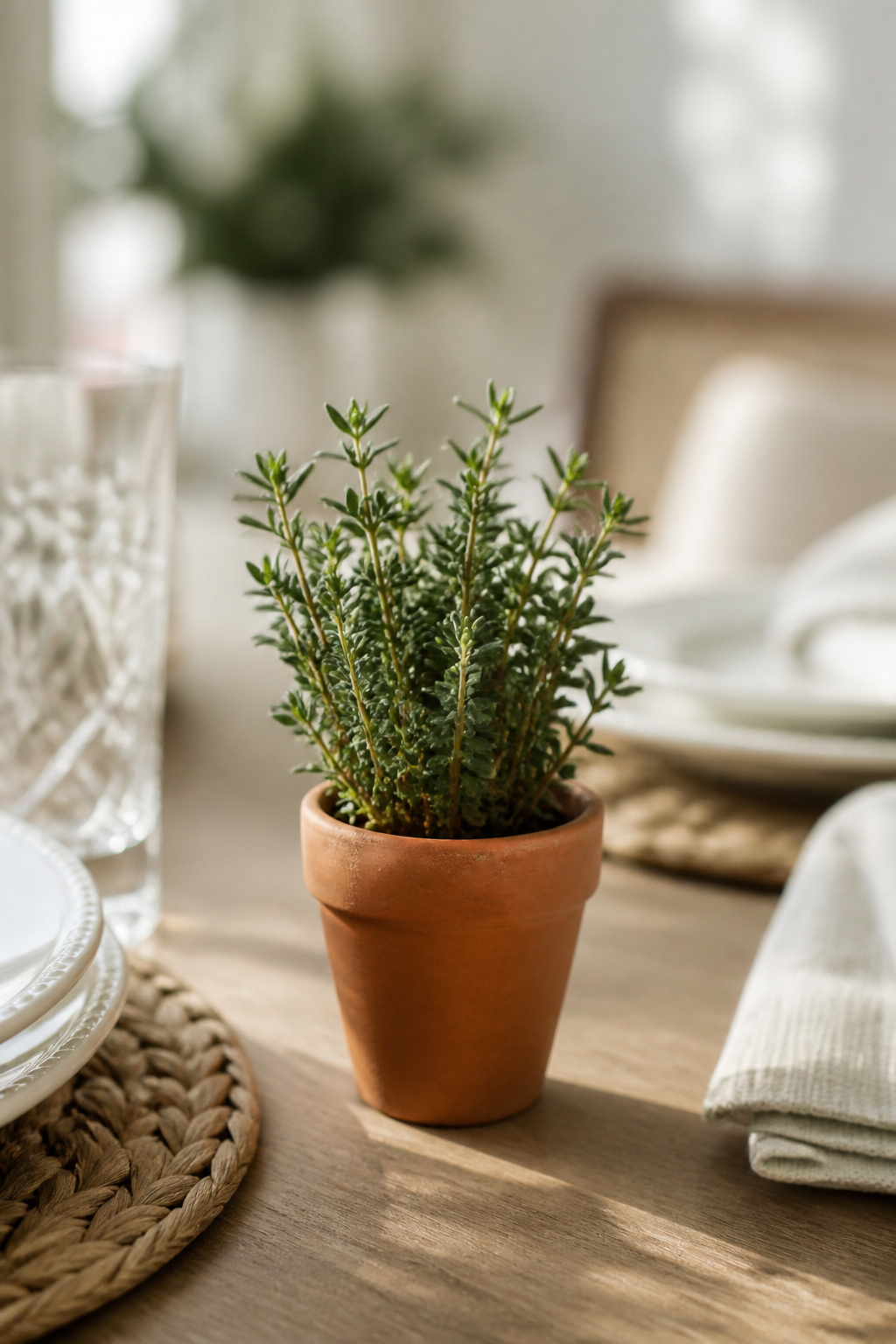 25 Easter Table Settings for 2026 Spring Gatherings 14 Small pots of herbs placed at each place setting.