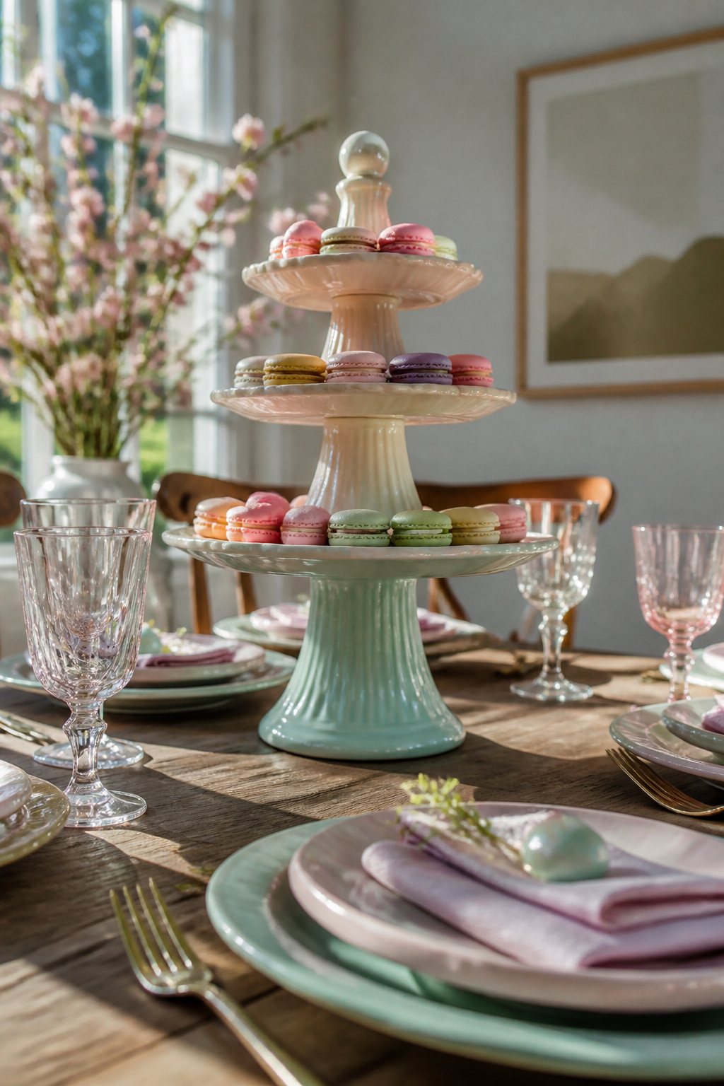 25 Easter Table Settings for 2026 Spring Gatherings 15 Three stacked cake stands holding macarons on a table.