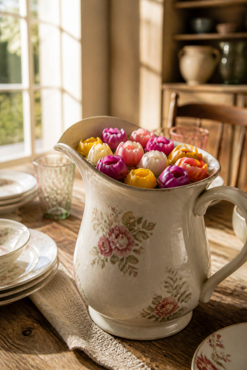 25 Easter Table Settings for 2026 Spring Gatherings 16 Vintage pitcher with floating tulips displayed on a table.