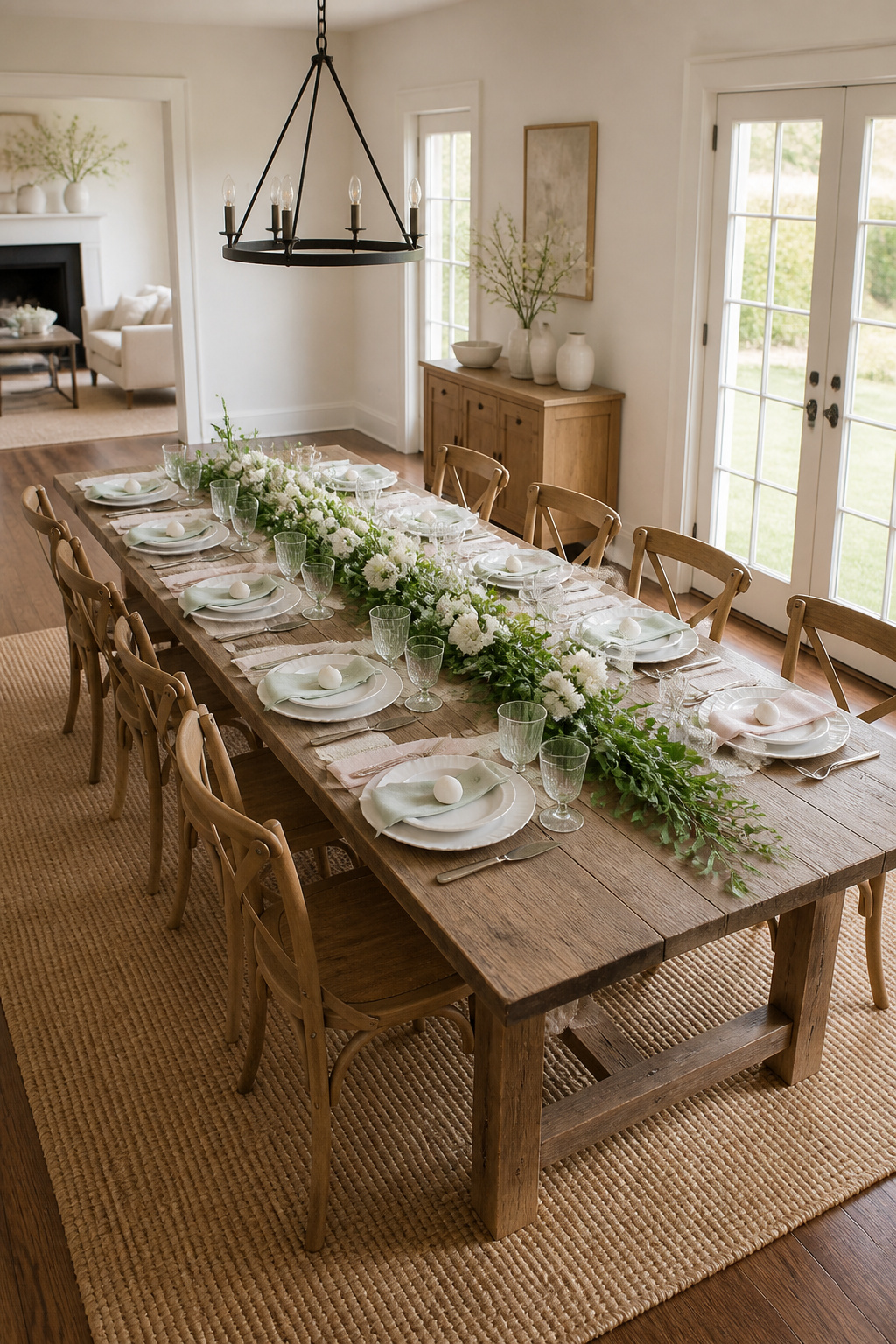 25 Easter Table Settings for 2026 Spring Gatherings 18 Greenery garland with white flowers arranged on a table.