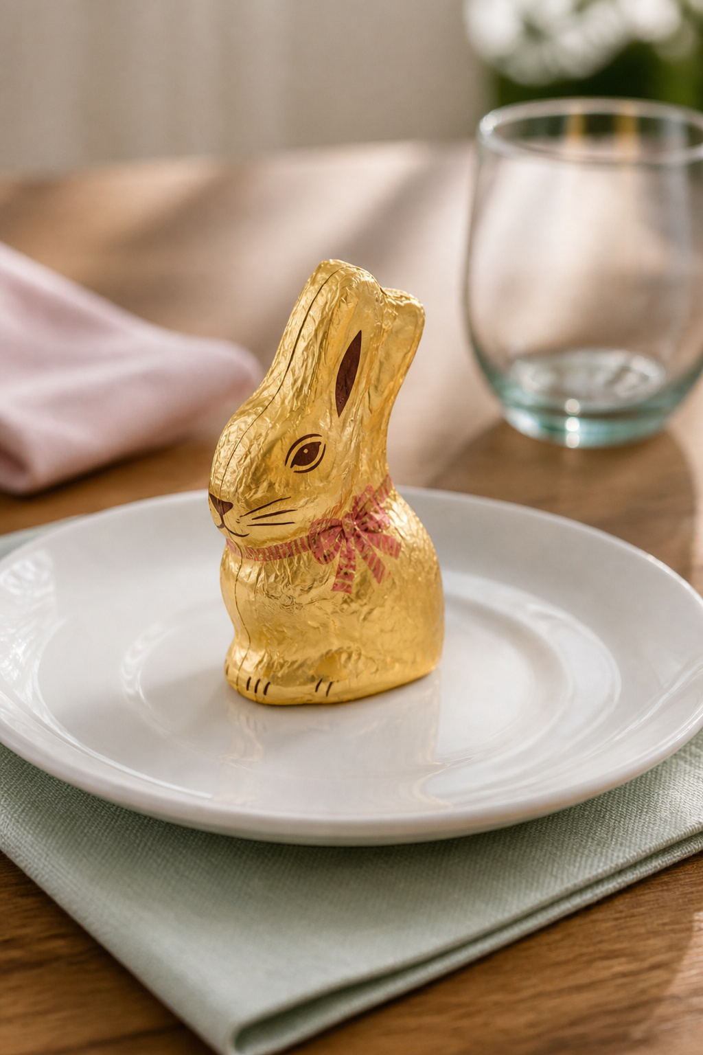 25 Easter Table Settings for 2026 Spring Gatherings 19 Chocolate bunnies placed on plates as place cards.