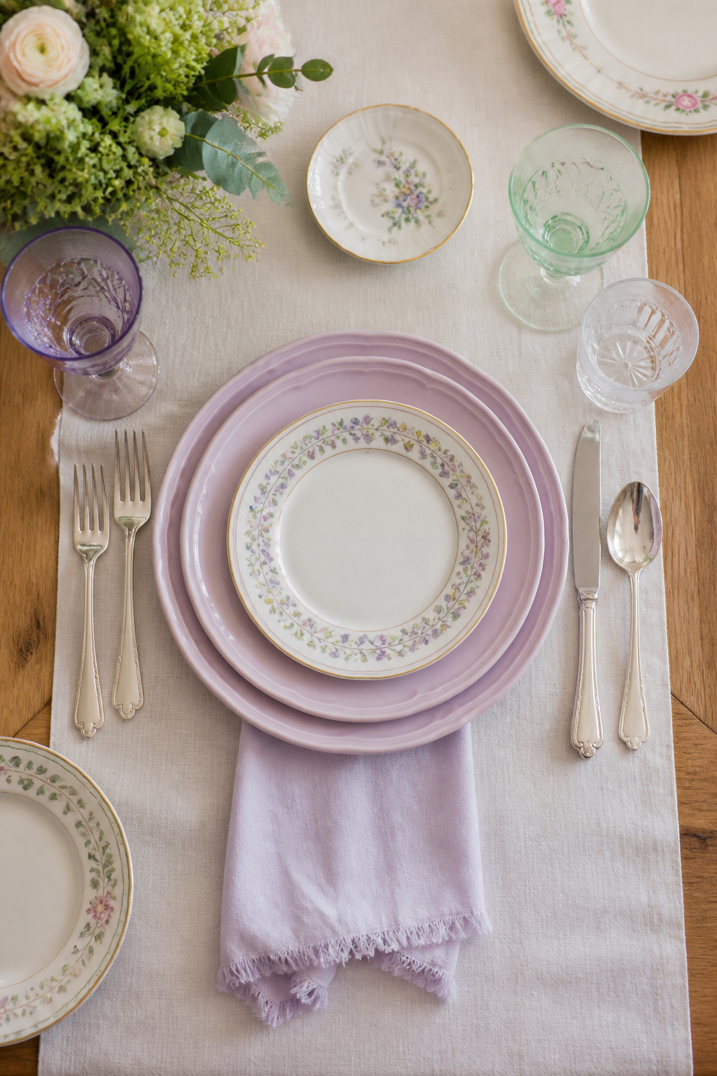 25 Easter Table Settings for 2026 Spring Gatherings 2 Stacked pastel dinner and salad plates arranged on a table.