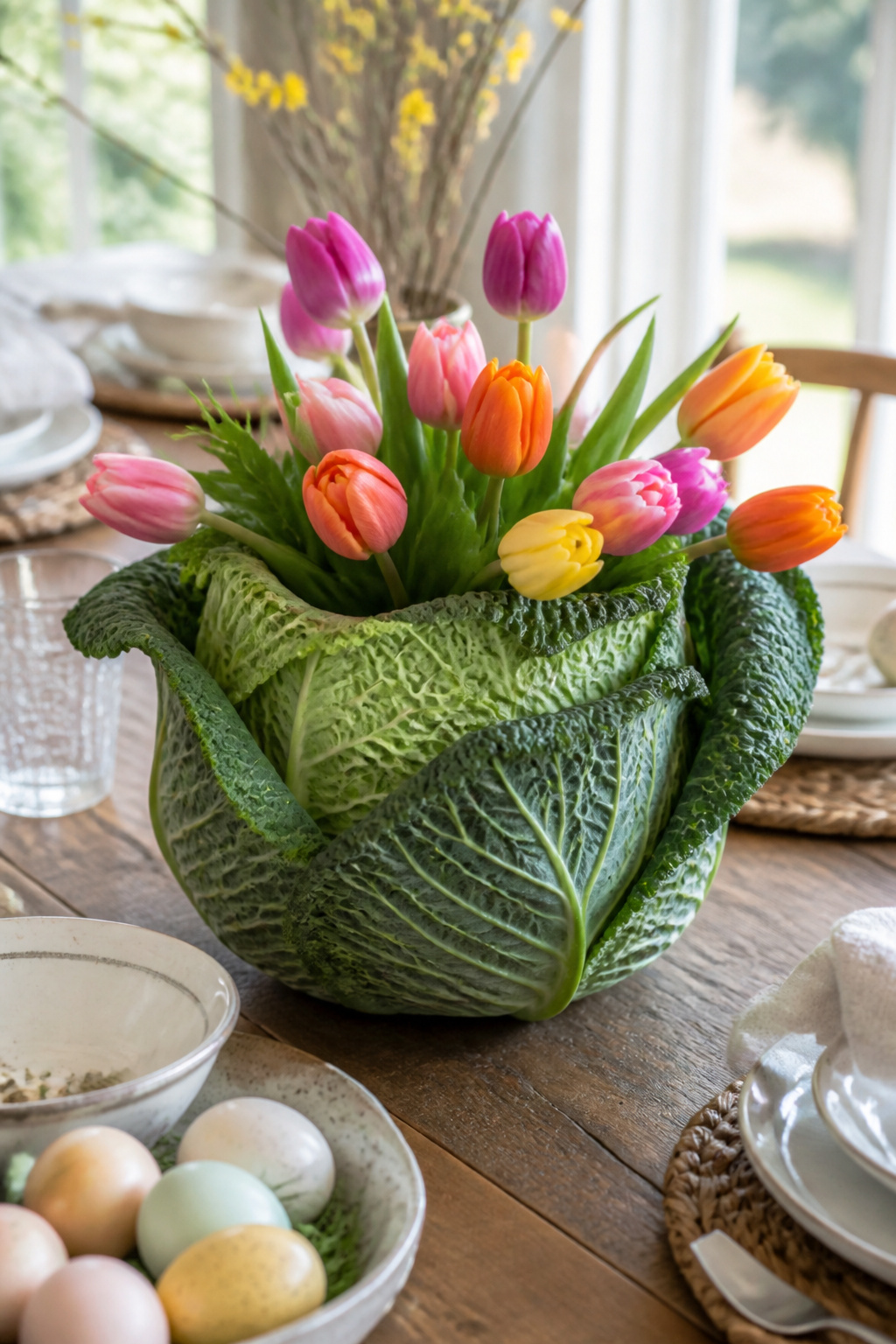25 Easter Table Settings for 2026 Spring Gatherings 20 Cabbage vase packed with tulips as a centerpiece.