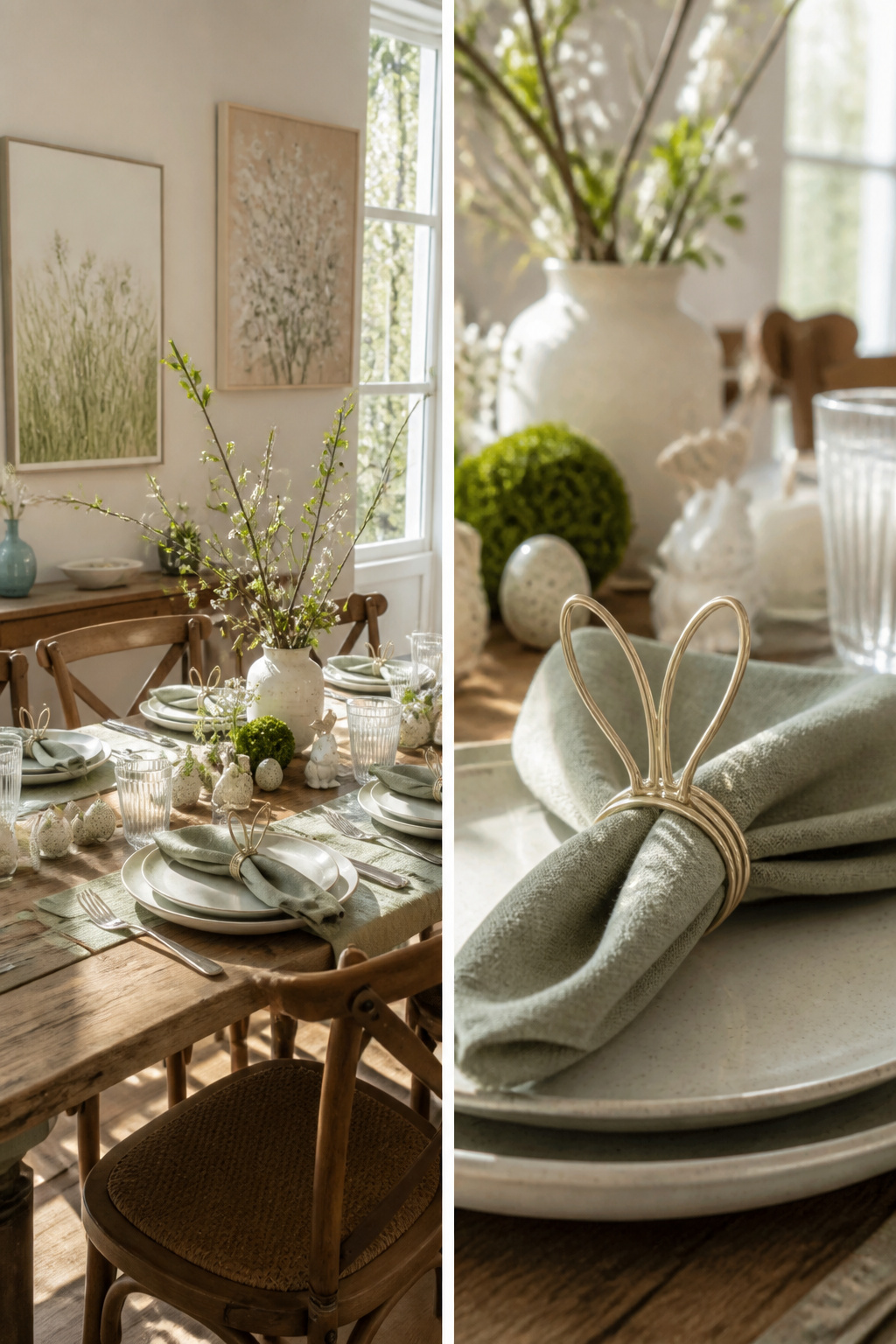 25 Easter Table Settings for 2026 Spring Gatherings 21 Wire napkin rings shaped like bunnies placed on napkins.