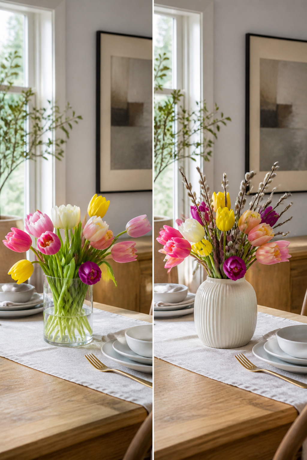 25 Easter Table Settings for 2026 Spring Gatherings 22 Real-touch tulips mixed with fresh greenery on a table.