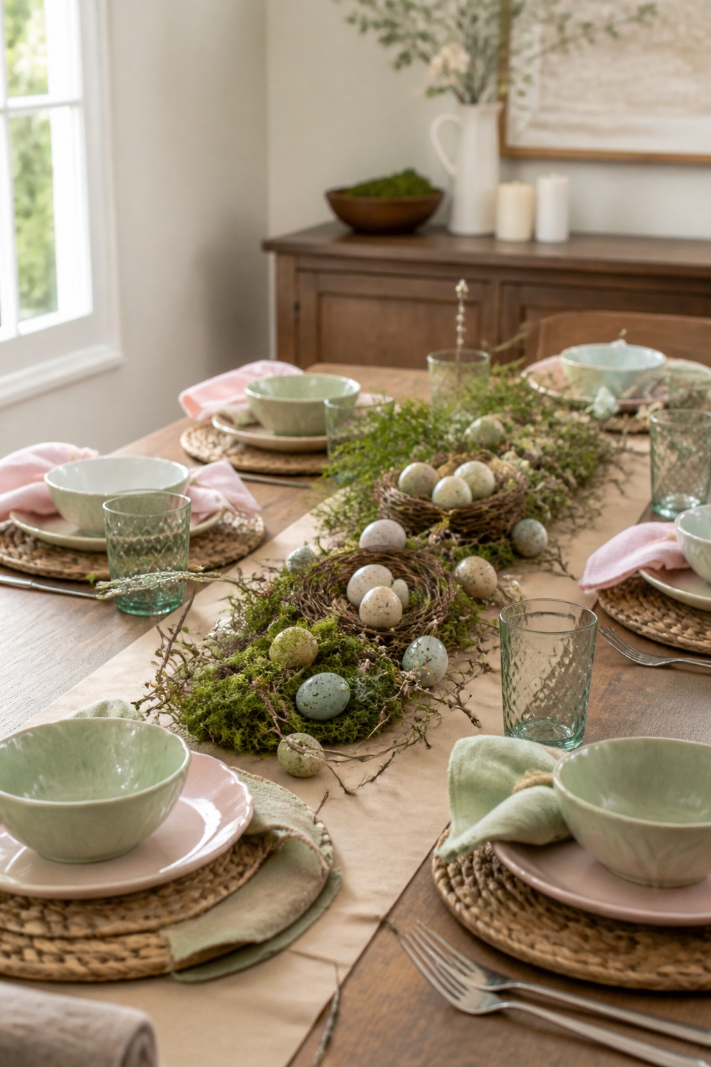 25 Easter Table Settings for 2026 Spring Gatherings 23 Anchored moss and twigs arranged on a kraft paper runner.