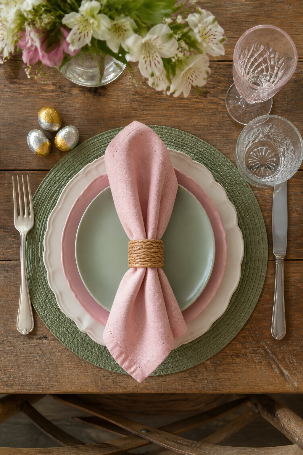 25 Easter Table Settings for 2026 Spring Gatherings 24 Foil-wrapped chocolate eggs arranged on plates.