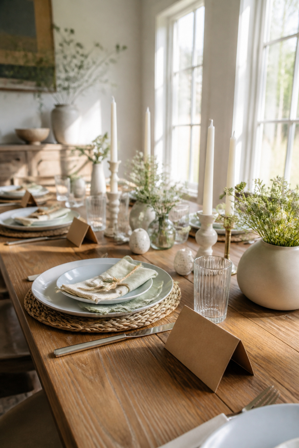 25 Easter Table Settings for 2026 Spring Gatherings 25 Handwritten place cards displayed next to dinnerware.