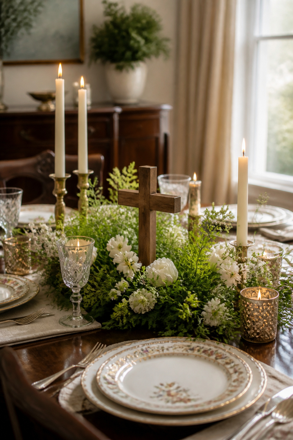 25 Easter Table Settings for 2026 Spring Gatherings 27 Wooden cross nestled among greenery on a table.
