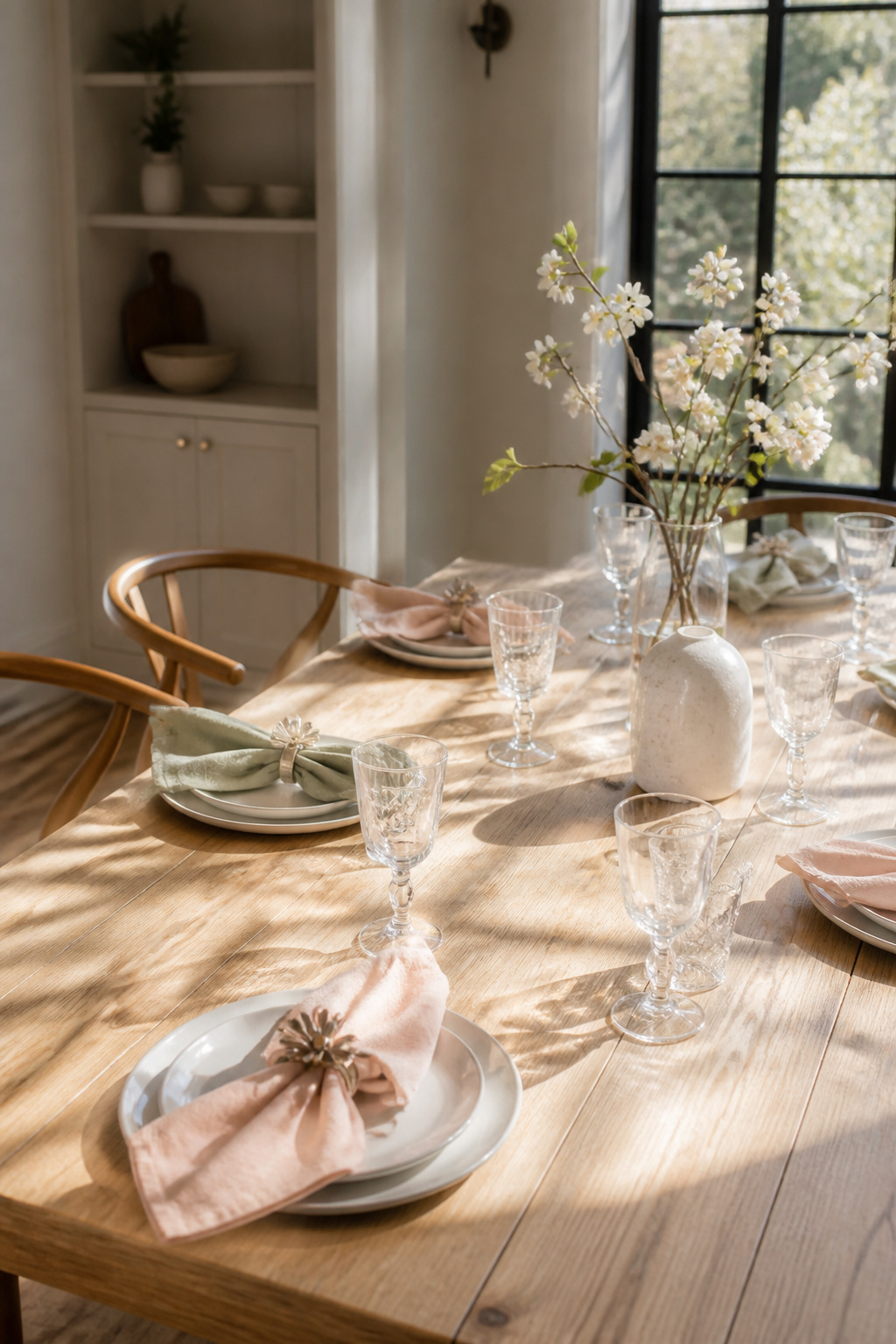 25 Easter Table Settings for 2026 Spring Gatherings 3 Linen napkins in blush and sage colors resting on a white table setting.