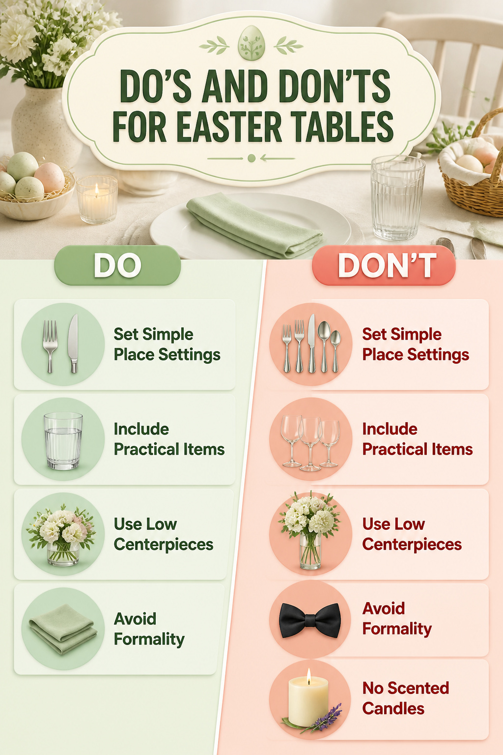 25 Easter Table Settings for 2026 Spring Gatherings 30 Do's and don'ts for setting an Easter table displayed.