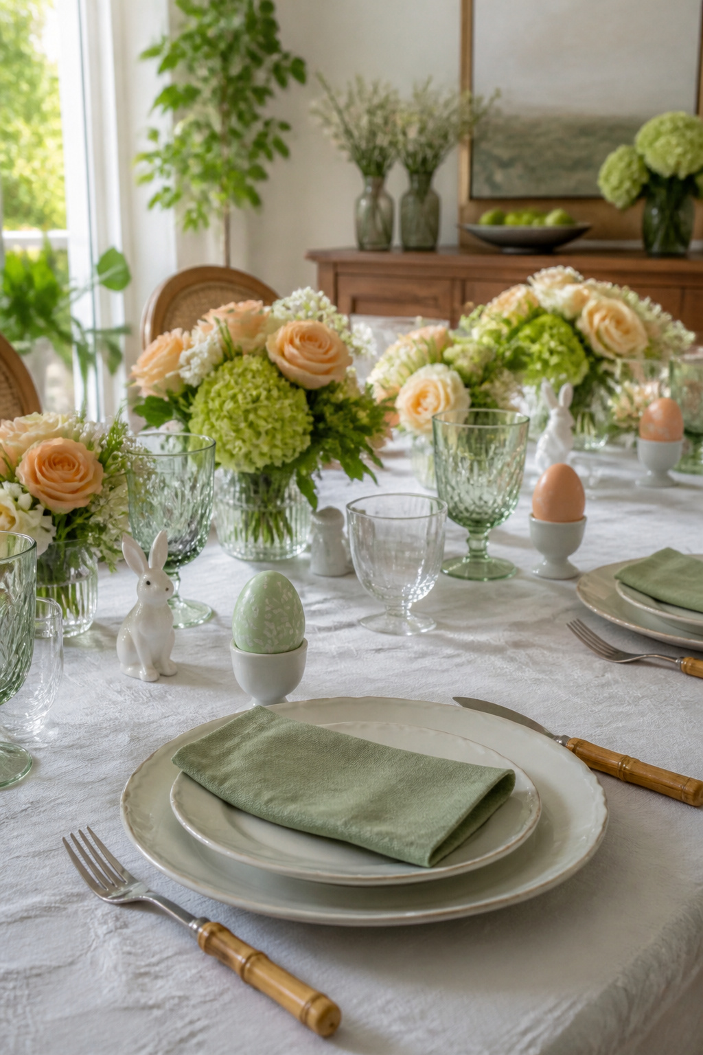 25 Easter Table Settings for 2026 Spring Gatherings 4 Hand-painted egg place cards displayed in ceramic egg cups.