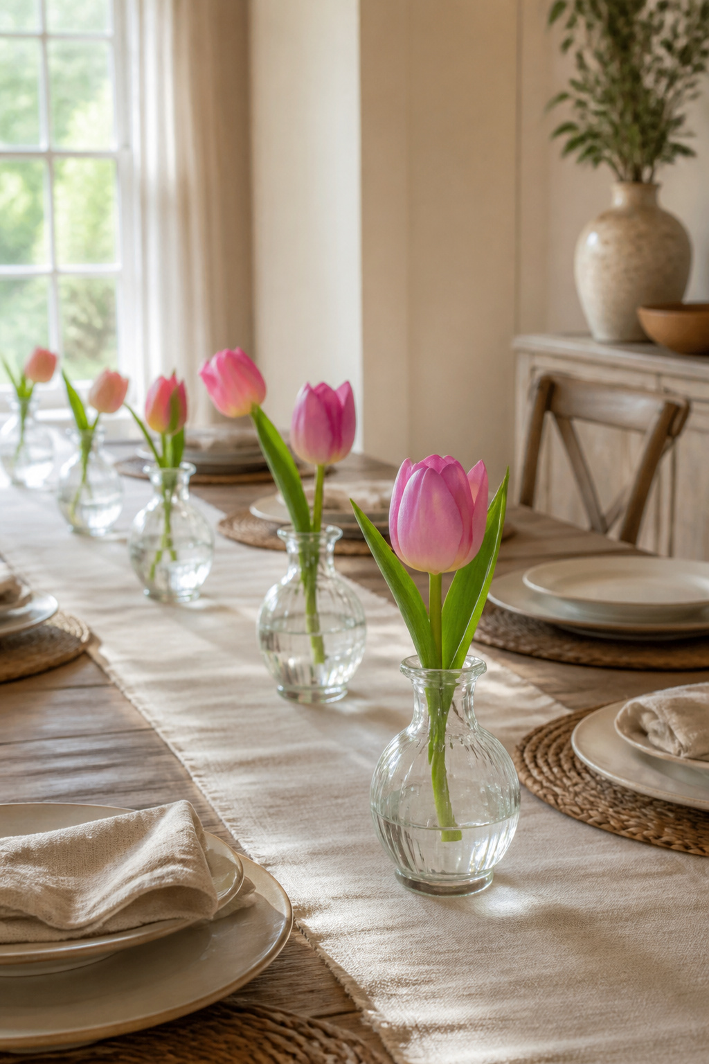 25 Easter Table Settings for 2026 Spring Gatherings 5 Small bud vases holding tulips at each place setting.