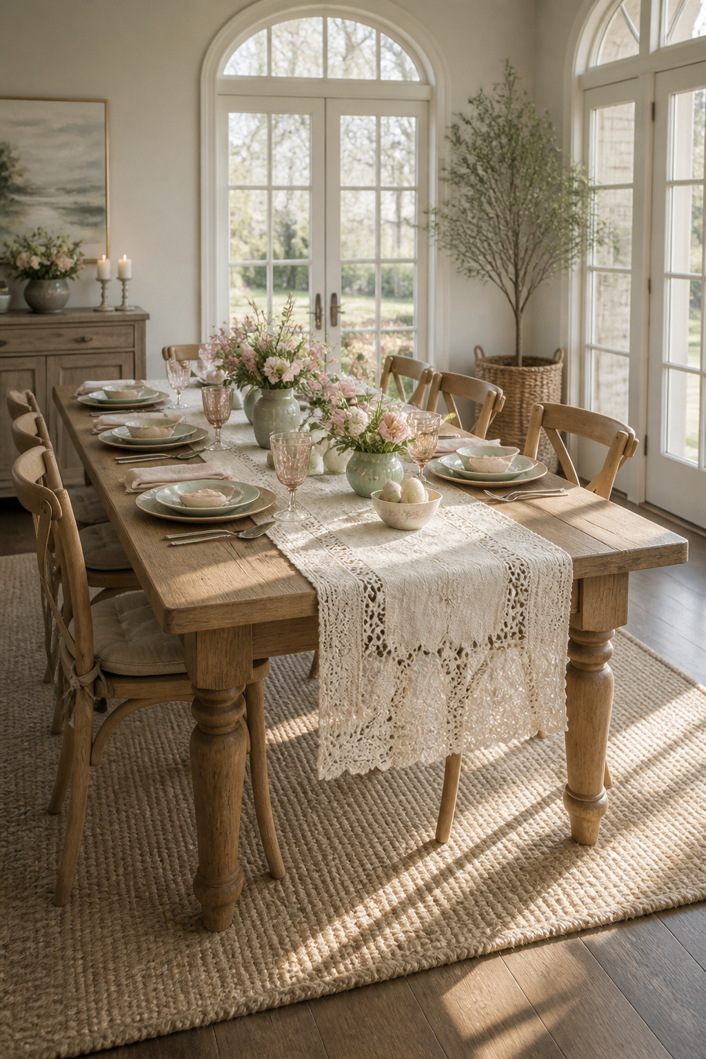 25 Easter Table Settings for 2026 Spring Gatherings 6 Lace table runner draped over a wooden table.