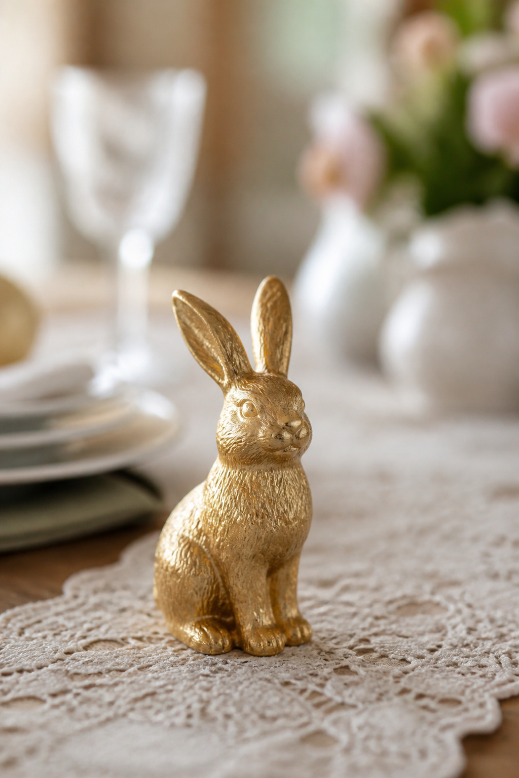 25 Easter Table Settings for 2026 Spring Gatherings 7 Small bunny figurines in gold placed on the table.