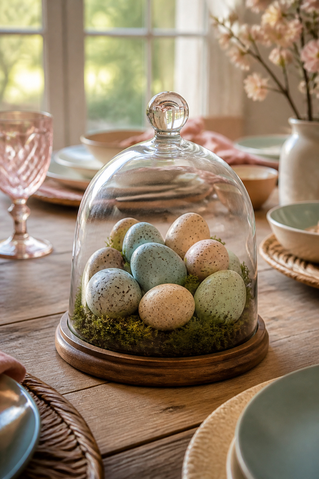 25 Easter Table Settings for 2026 Spring Gatherings 8 Glass cloche containing speckled eggs displayed on a table.