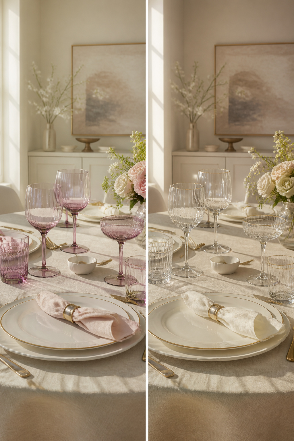 25 Easter Table Settings for 2026 Spring Gatherings 9 Blush-tinted glasses arranged on a table setting.
