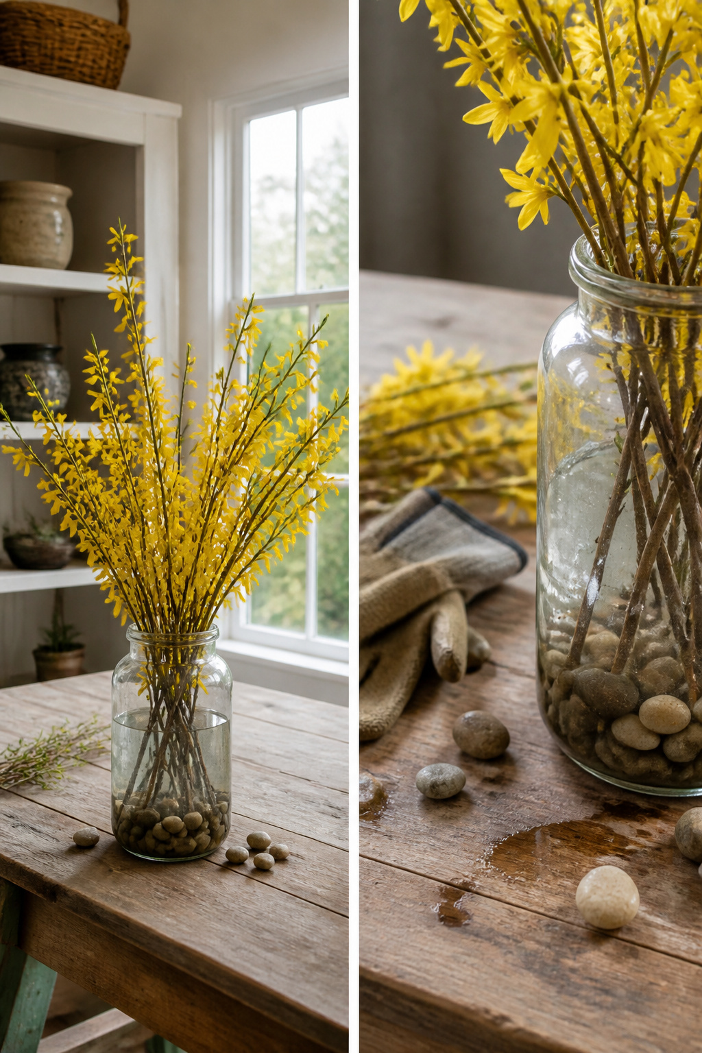 9 Easy Easter Decorating Ideas for a Budget-Friendly 2026 Home 1 Forsythia branches in a jar with pebbles for weight.