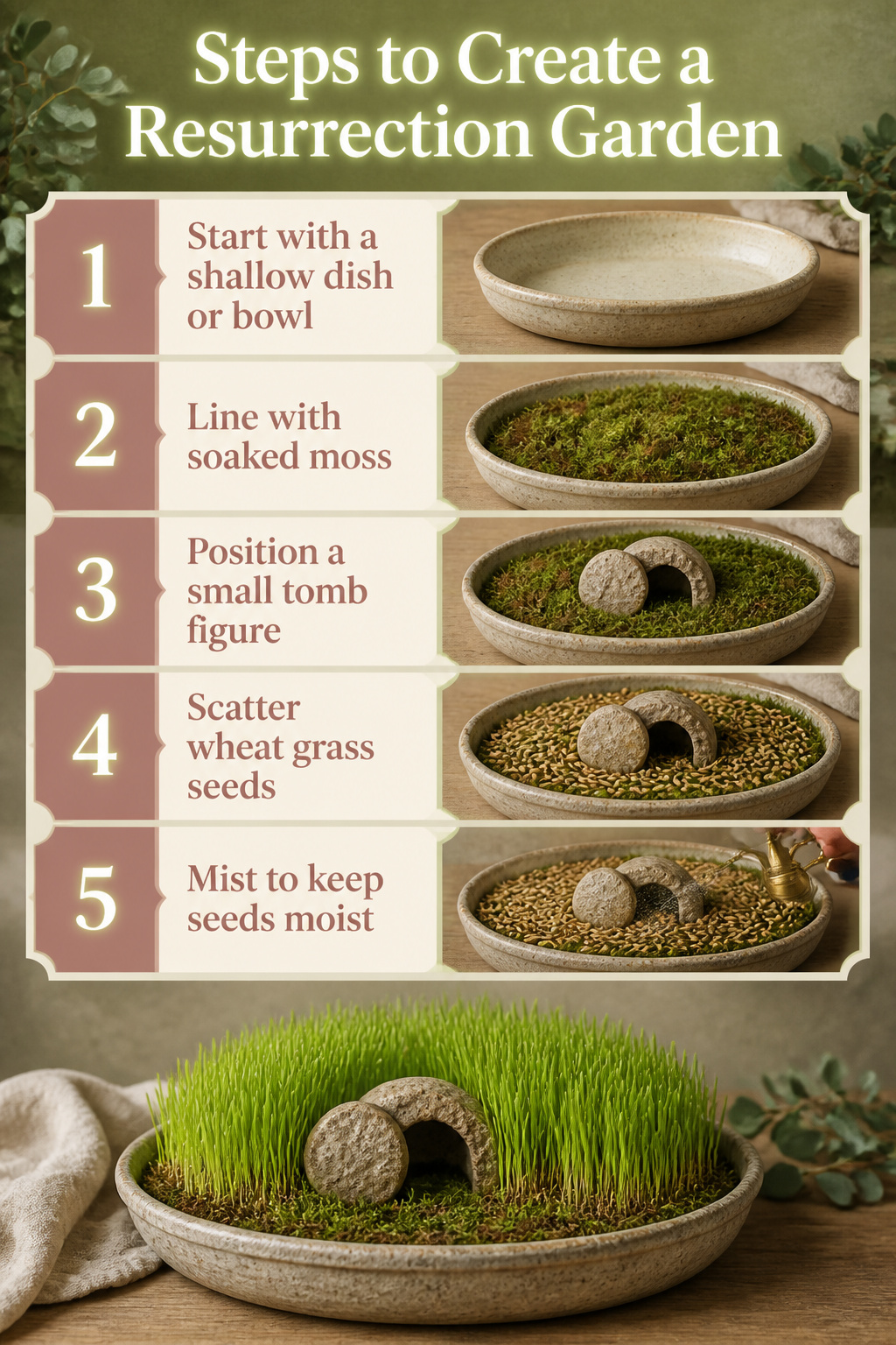 9 Easy Easter Decorating Ideas for a Budget-Friendly 2026 Home 10 Shallow dish containing moss, a tomb figure, and wheat grass.