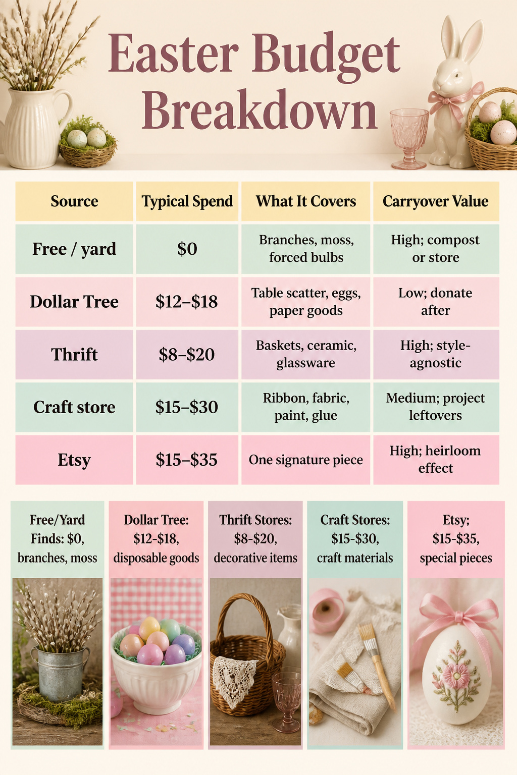 9 Easy Easter Decorating Ideas for a Budget-Friendly 2026 Home 11 Chart detailing Easter budget breakdown and spending categories.