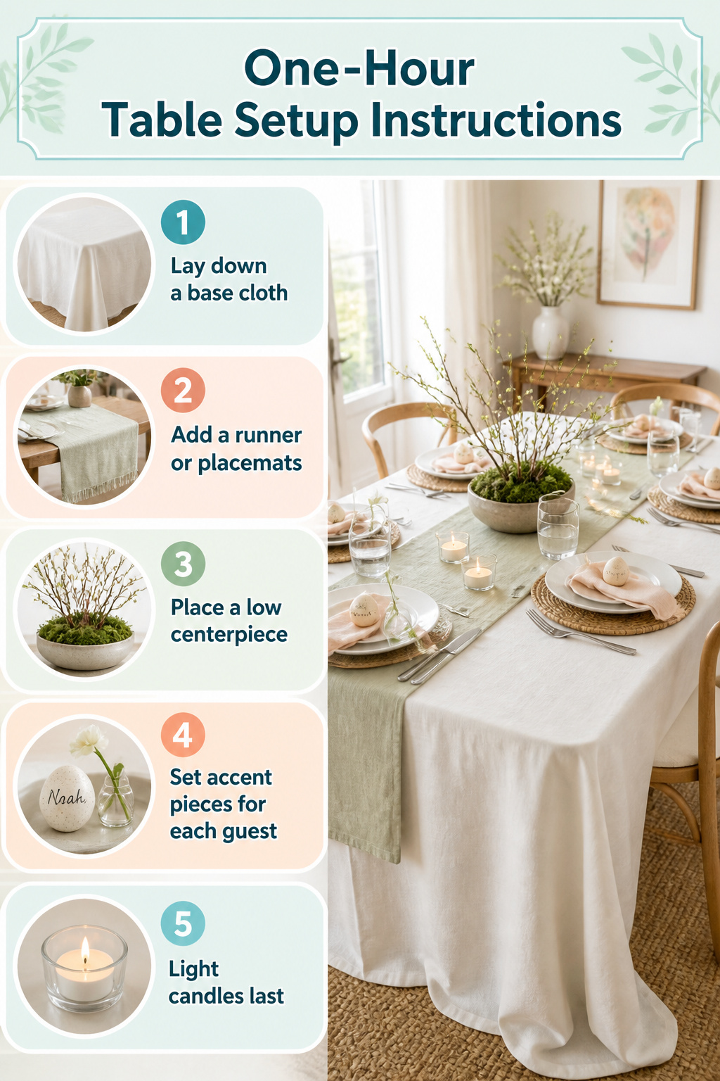9 Easy Easter Decorating Ideas for a Budget-Friendly 2026 Home 12 Table setup with a drop cloth and central low centerpiece.