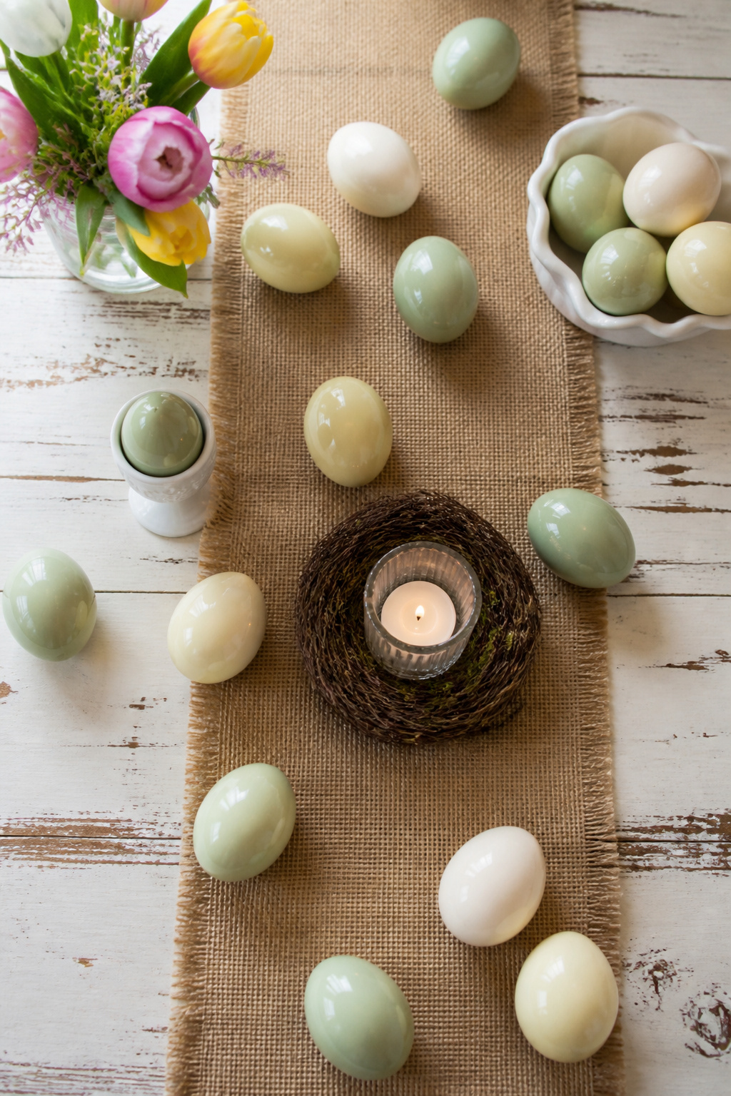 9 Easy Easter Decorating Ideas for a Budget-Friendly 2026 Home 2 Two tiers of plastic eggs in various finishes from Dollar Tree.