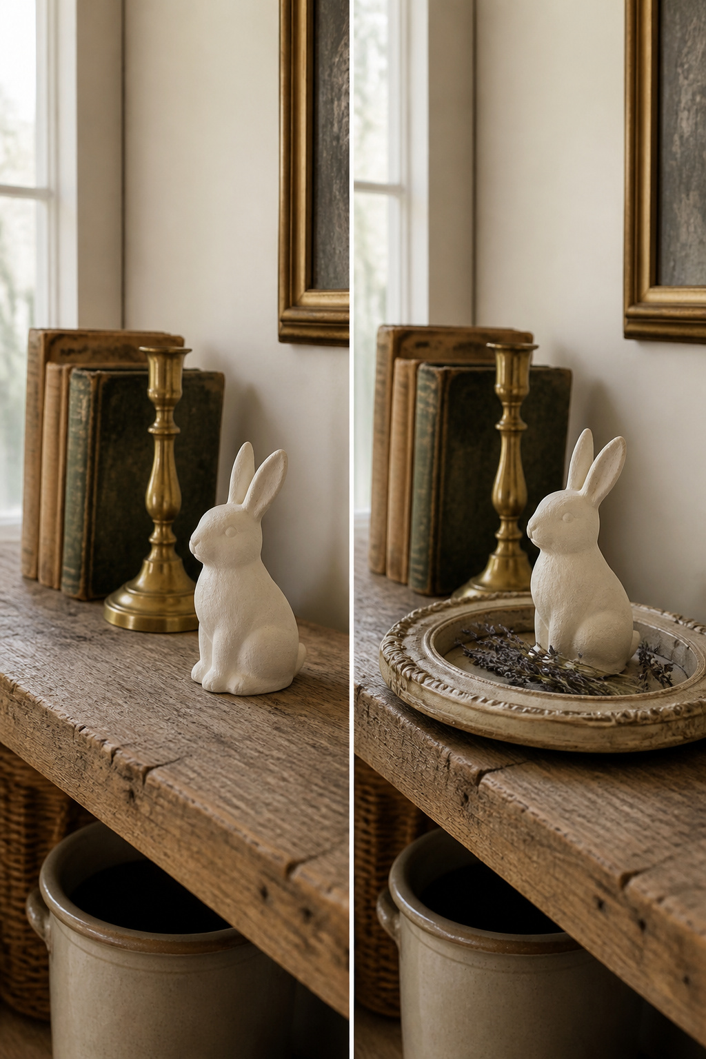 9 Easy Easter Decorating Ideas for a Budget-Friendly 2026 Home 4 Matte white ceramic rabbit displayed with other thrift store finds.