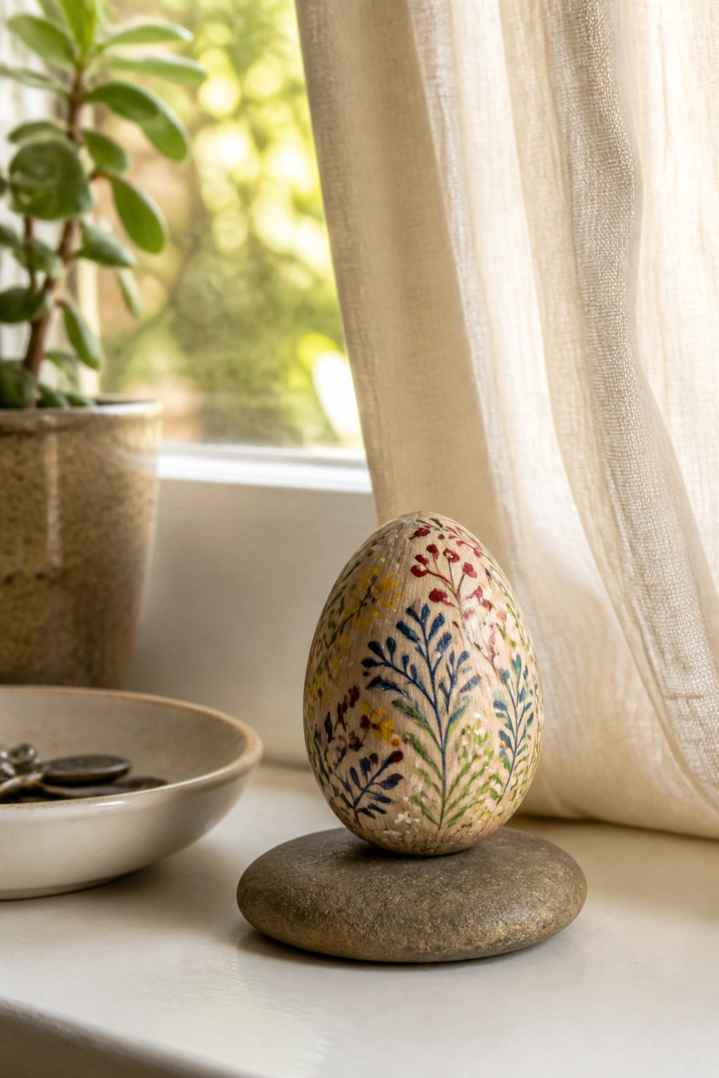 9 Easy Easter Decorating Ideas for a Budget-Friendly 2026 Home 6 Single hand-painted wooden egg displayed on a windowsill.