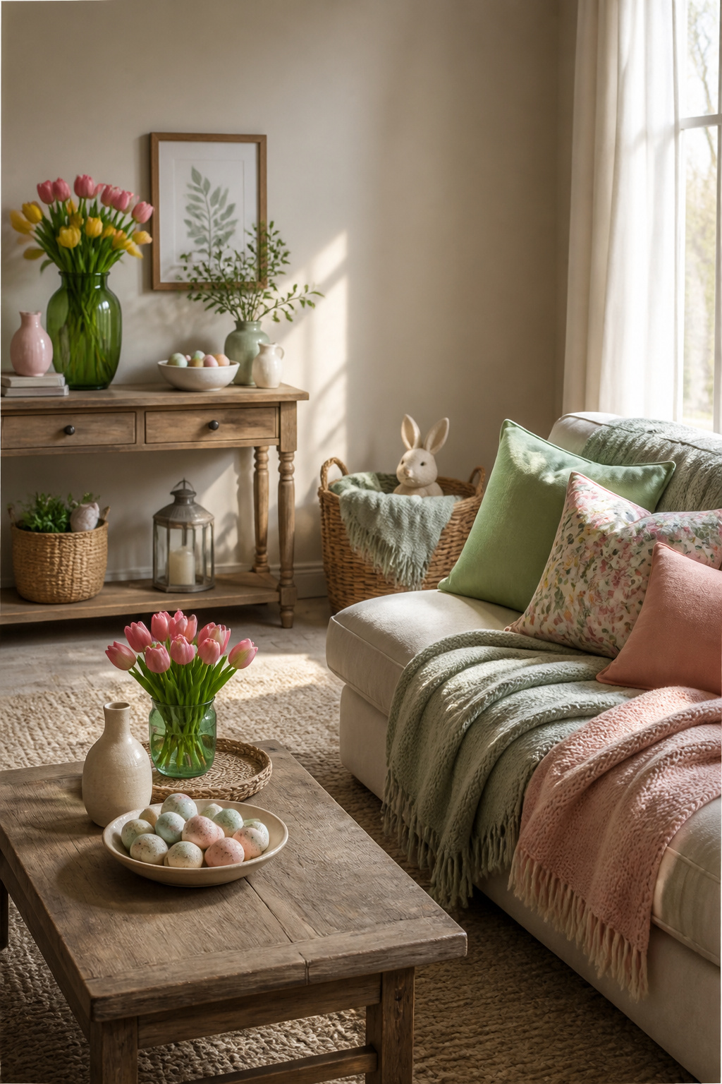 9 Easy Easter Decorating Ideas for a Budget-Friendly 2026 Home 7 Pastel throws and floral pillows arranged on a couch.