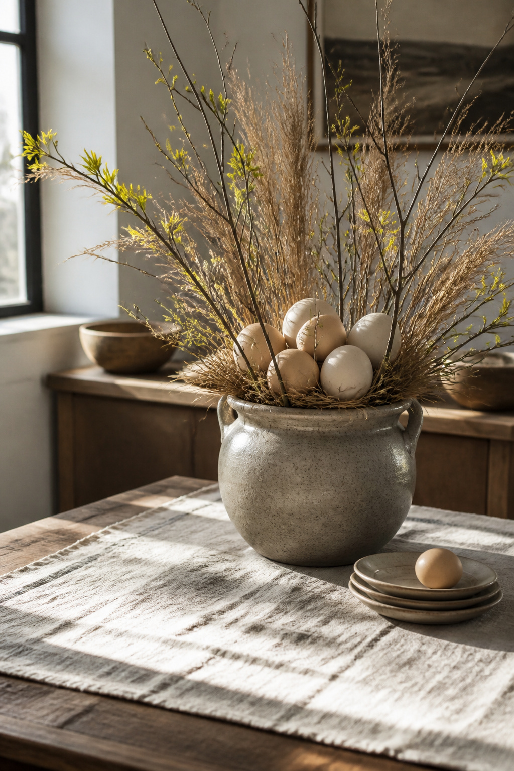 9 Easy Easter Decorating Ideas for a Budget-Friendly 2026 Home 8 Blown eggs in natural colors arranged with dried grasses.