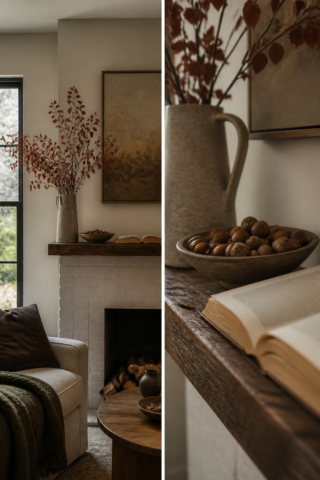 8 Easy Fall Decorating Ideas for a Cozy Home in 2026 1 A mantel decorated with branches, pinecones, and colorful leaves.
