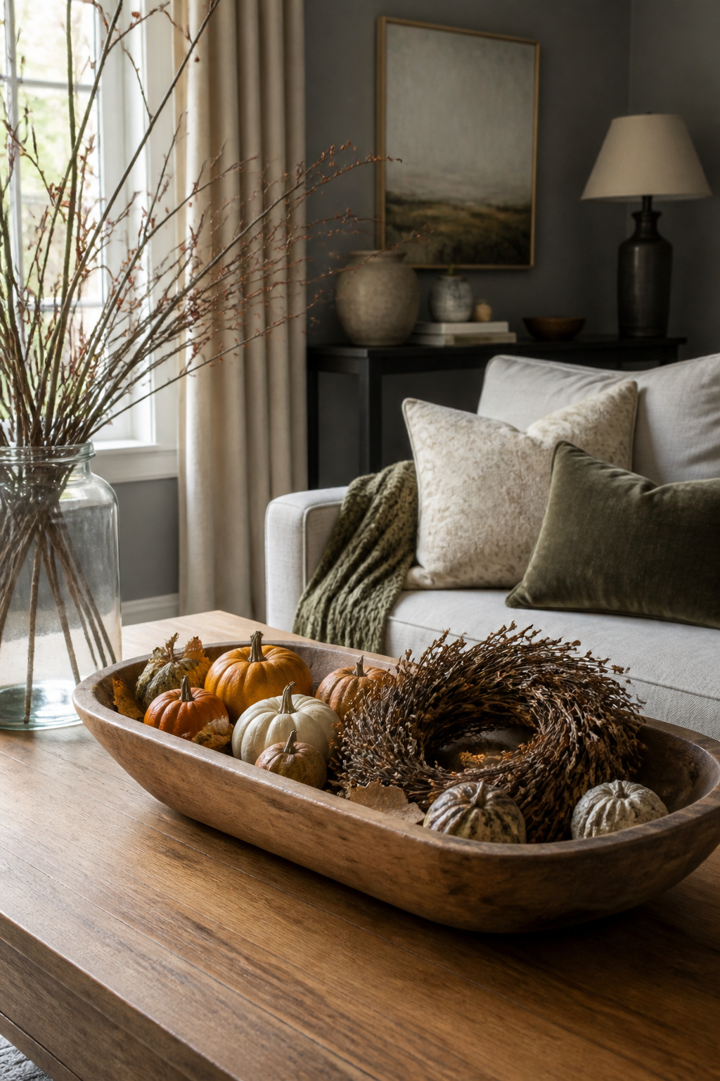 8 Easy Fall Decorating Ideas for a Cozy Home in 2026 10 A wooden dough bowl with pumpkins and a hand-tied wreath on a table.