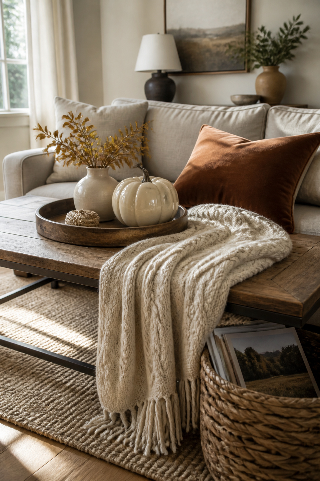 8 Easy Fall Decorating Ideas for a Cozy Home in 2026 11 A coffee table with a cable-knit throw, velvet pillow, and ceramic pumpkin.