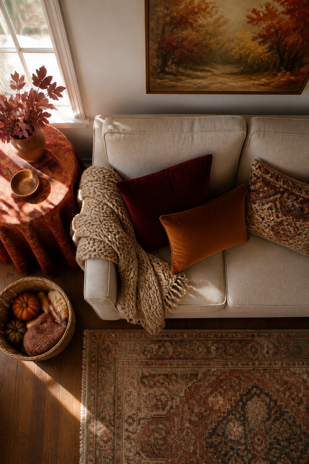 8 Easy Fall Decorating Ideas for a Cozy Home in 2026 4 A cozy sofa adorned with deep red and earthy brown pillows and throws.