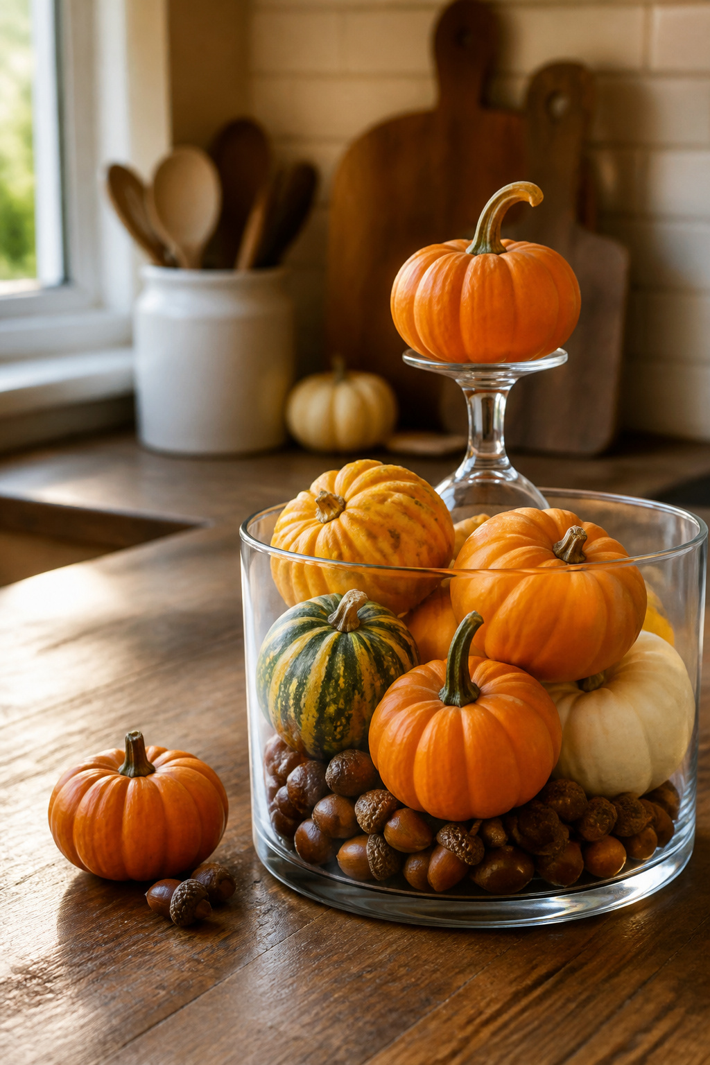 8 Easy Fall Decorating Ideas for a Cozy Home in 2026 5 A glass vase filled with mini pumpkins and acorns on a windowsill.