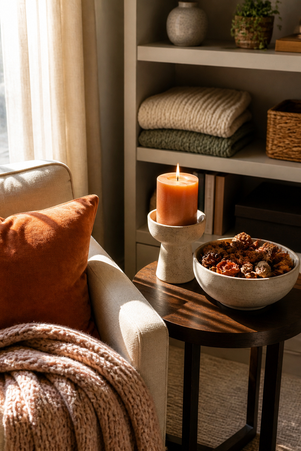 8 Easy Fall Decorating Ideas for a Cozy Home in 2026 6 A side table with a pumpkin spice candle and a bowl of potpourri.
