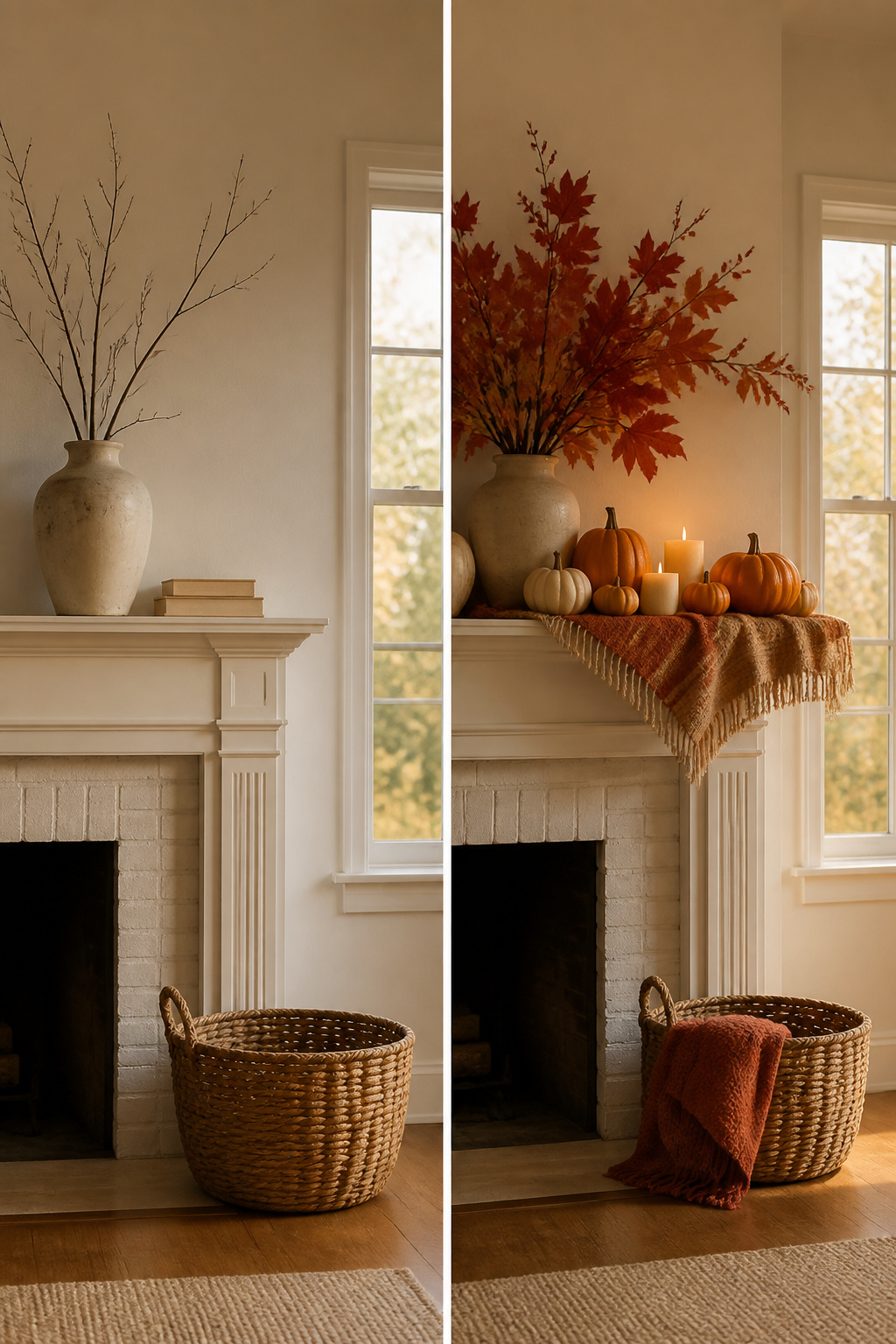 8 Easy Fall Decorating Ideas for a Cozy Home in 2026 7 Decorative items in deep red, burnt orange, and beige on a shelf.