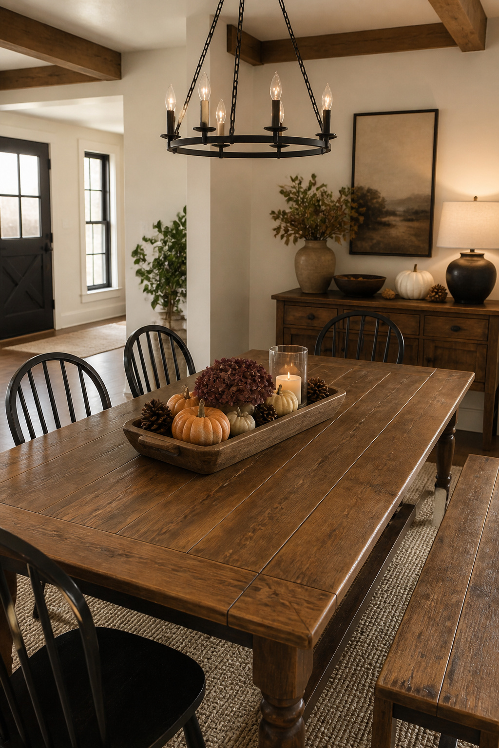 8 Easy Fall Decorating Ideas for a Cozy Home in 2026 8 A wooden dough bowl with mini pumpkins and pinecones on a table.
