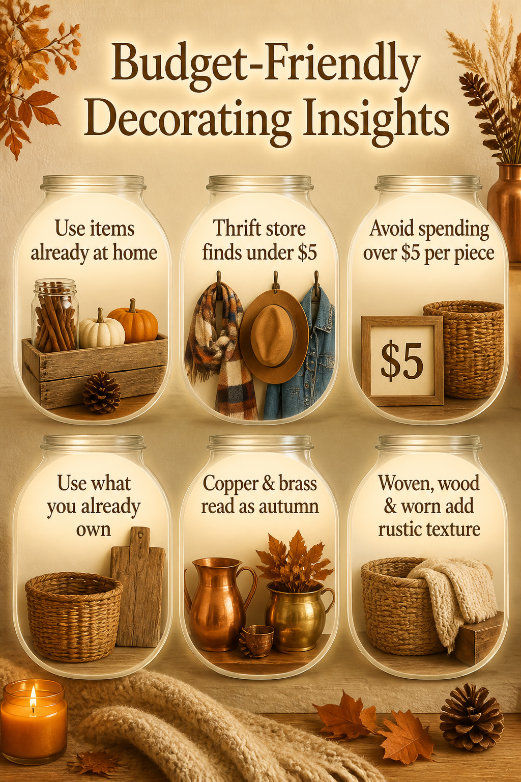8 Easy Fall Decorating Ideas for a Cozy Home in 2026 9 Mason jars and wooden crates filled with autumn decorations.