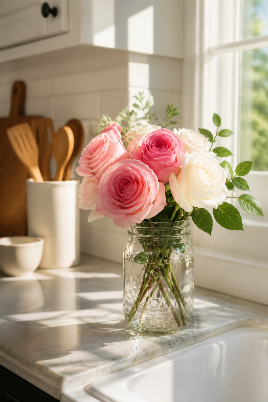 10 Easy Summer Decorating Ideas for Every Room 1 A mason jar filled with roses and greenery on a kitchen sink.