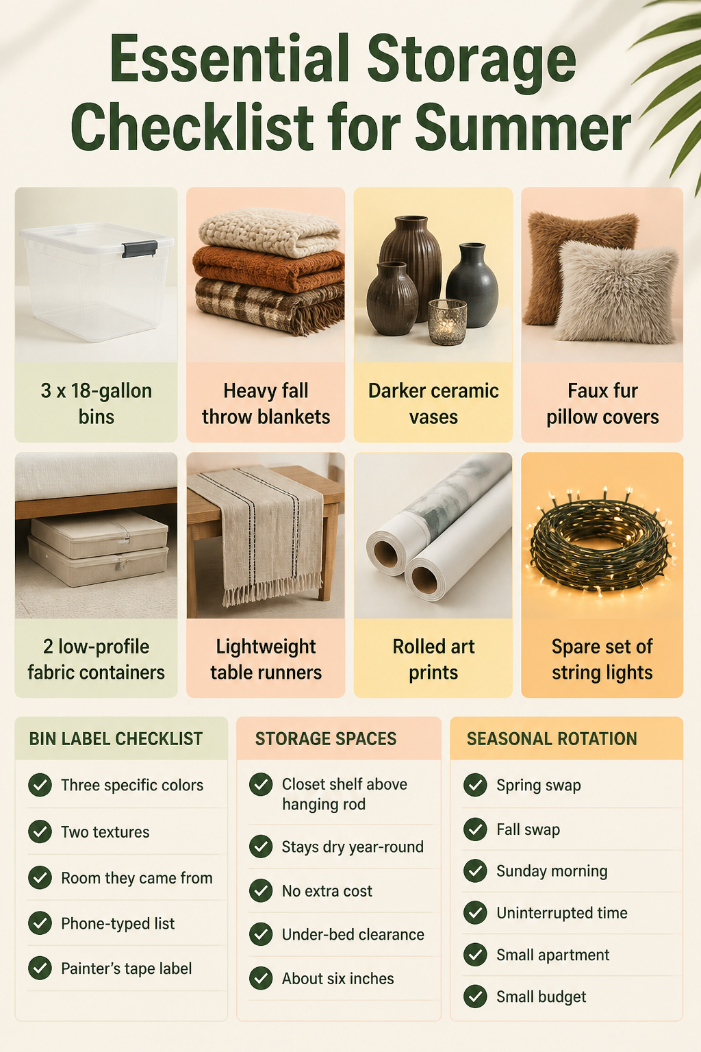10 Easy Summer Decorating Ideas for Every Room 12 Three labeled storage bins stacked on a closet shelf.