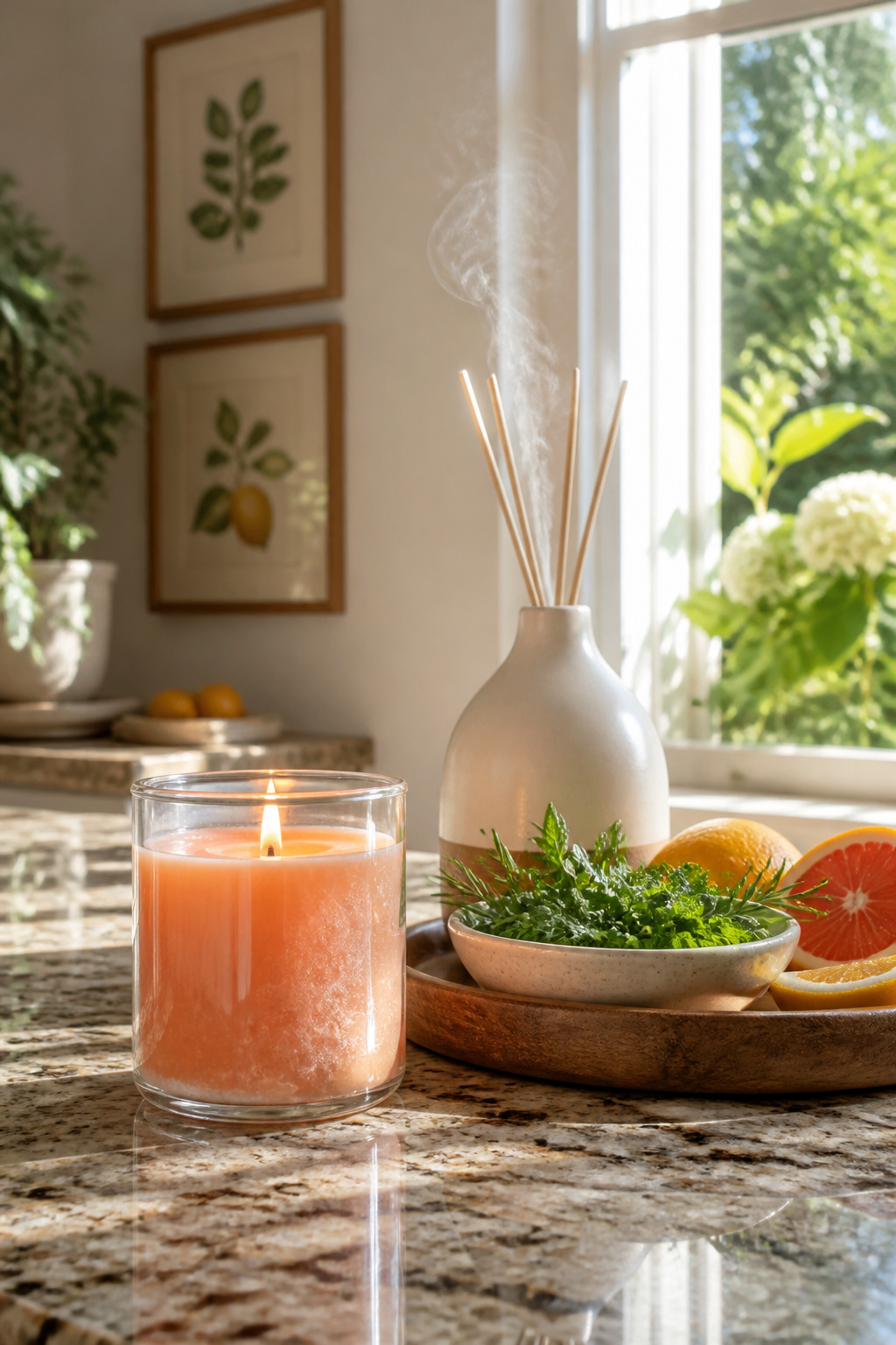 10 Easy Summer Decorating Ideas for Every Room 13 A candle and diffuser on a kitchen countertop.