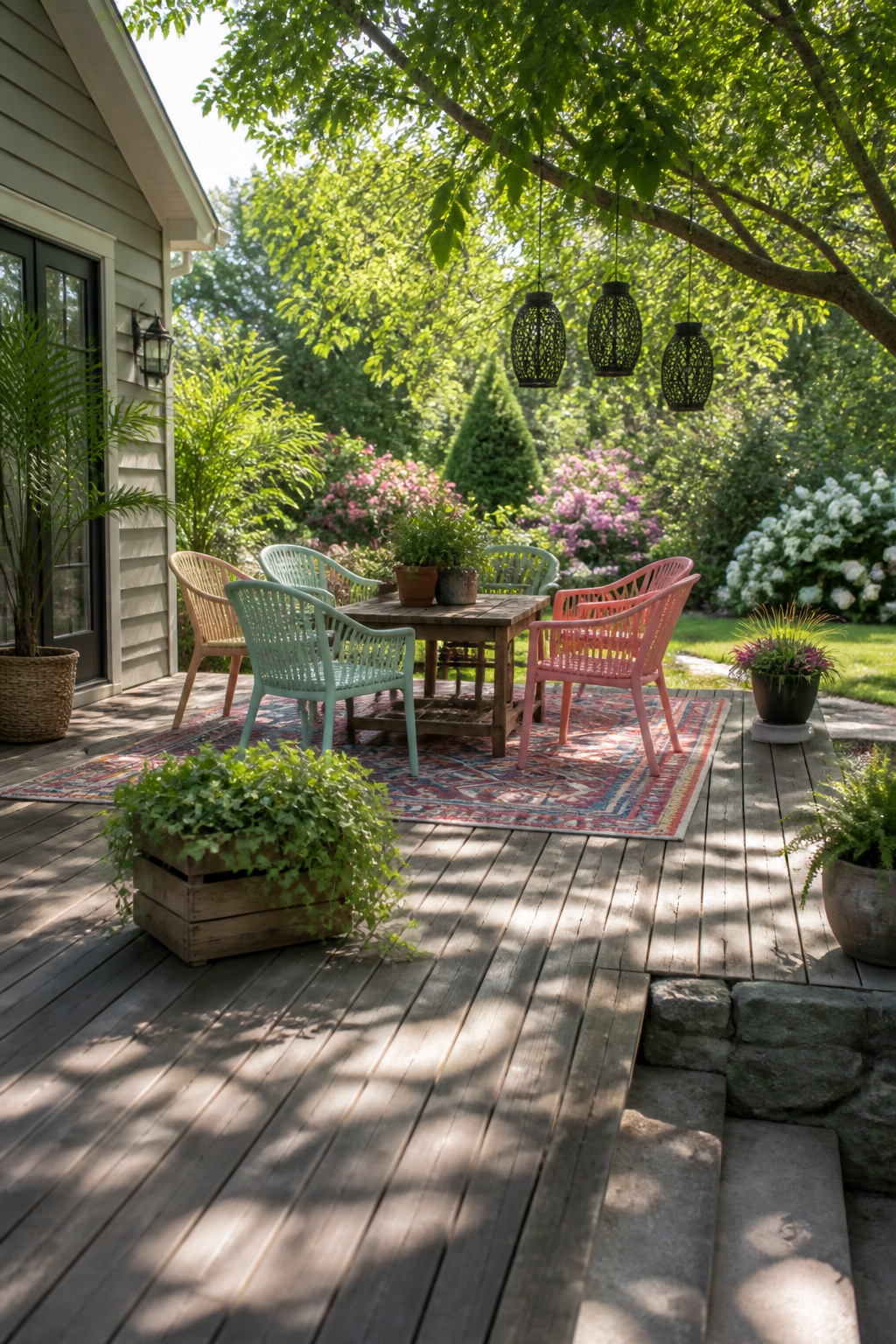 10 Easy Summer Decorating Ideas for Every Room 14 An outdoor rug on a patio with furniture.