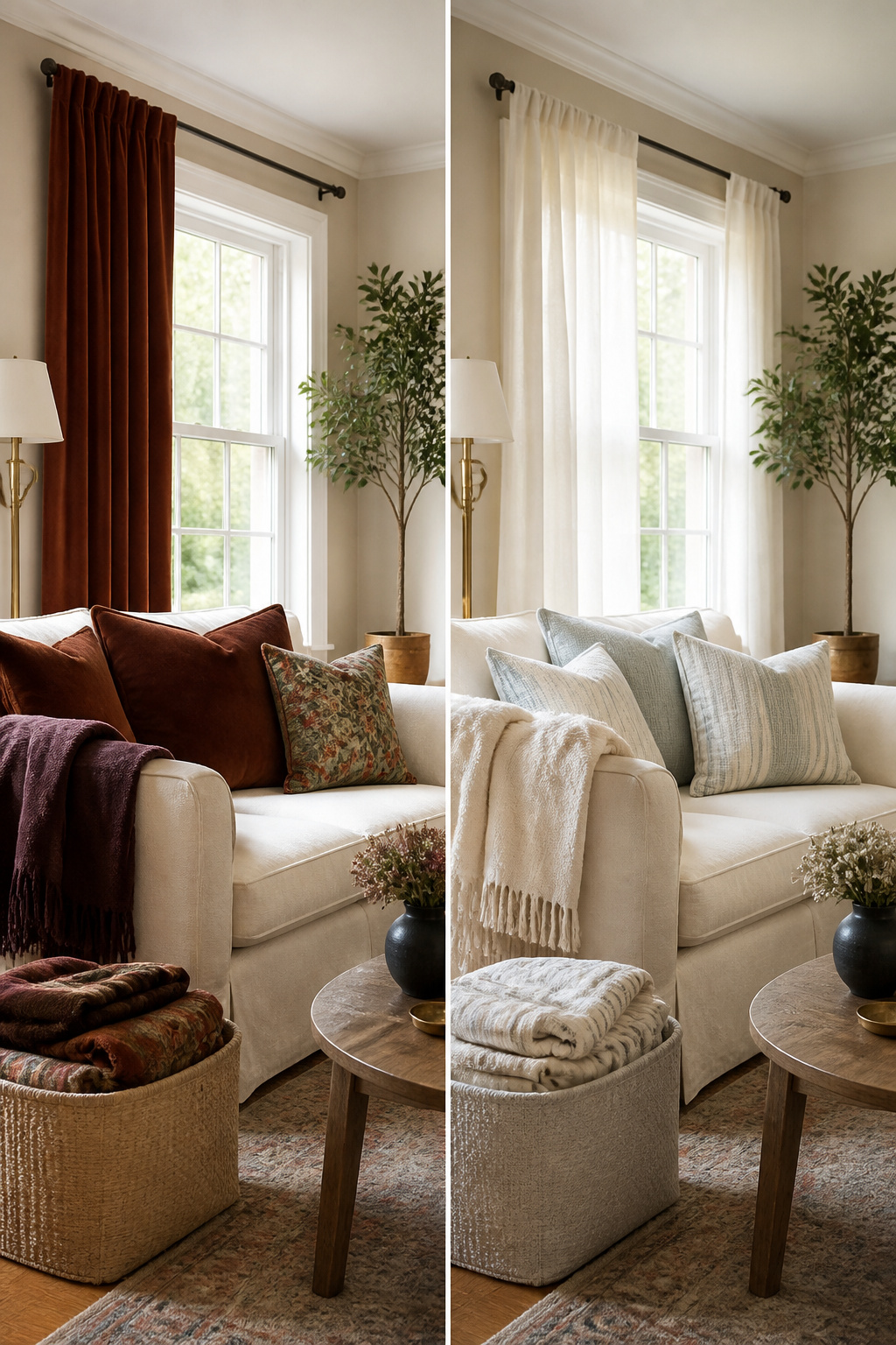 10 Easy Summer Decorating Ideas for Every Room 2 Cotton and linen throw pillows and curtains in a living room.