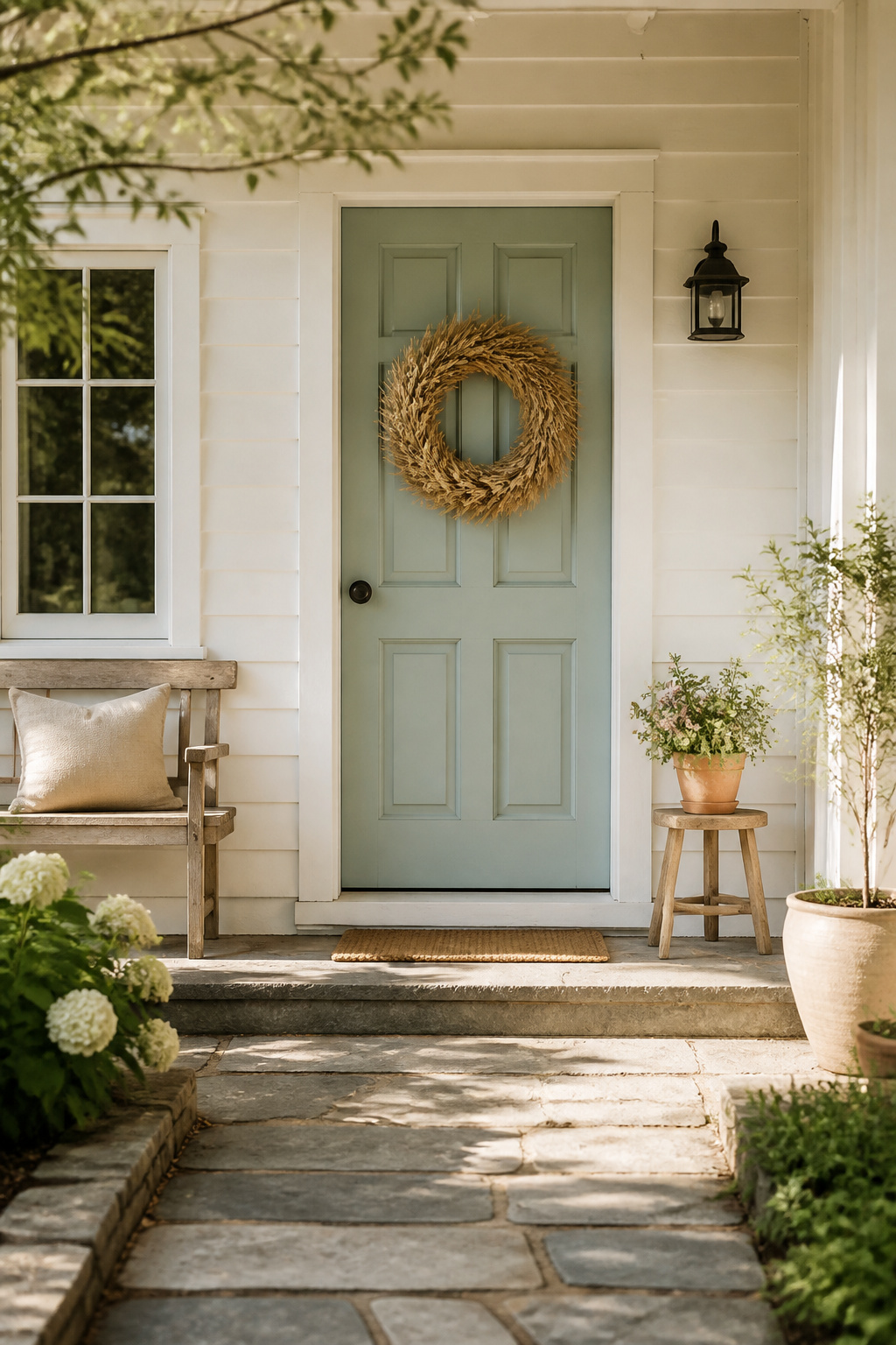 10 Easy Summer Decorating Ideas for Every Room 3 A handmade summer wreath made of dried rye grass hanging on a door.